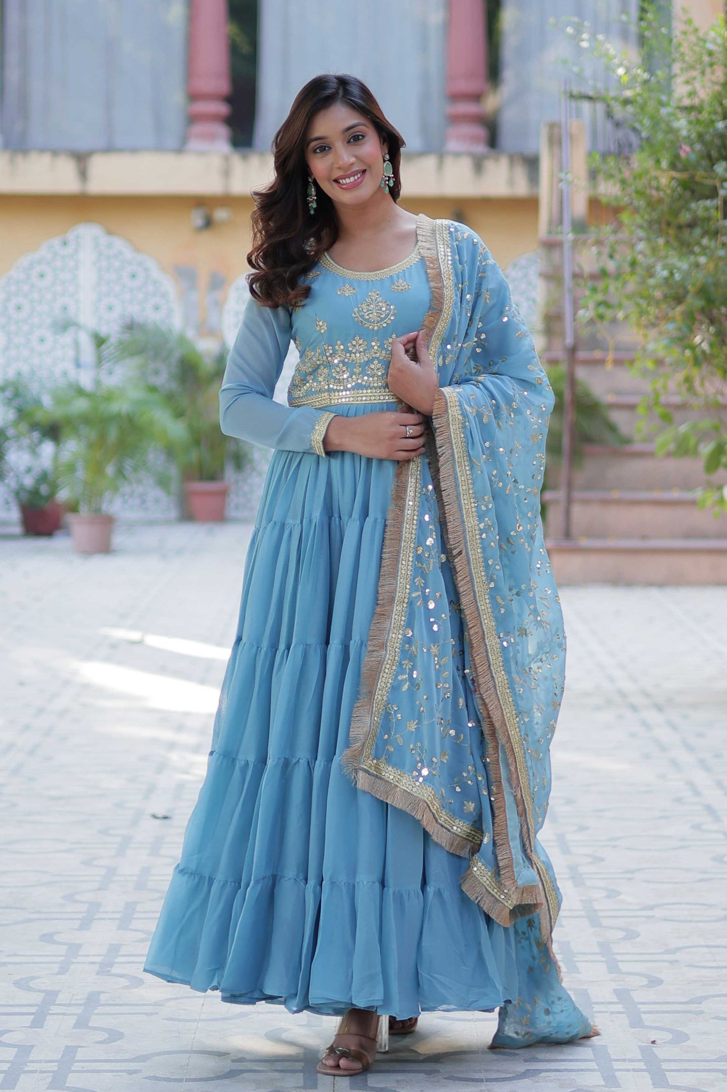 Women's Fully Flared Star Georgette Gown with Embroidered Dupatta – 15-Meter Flair & 5-Layer Frill Stitching