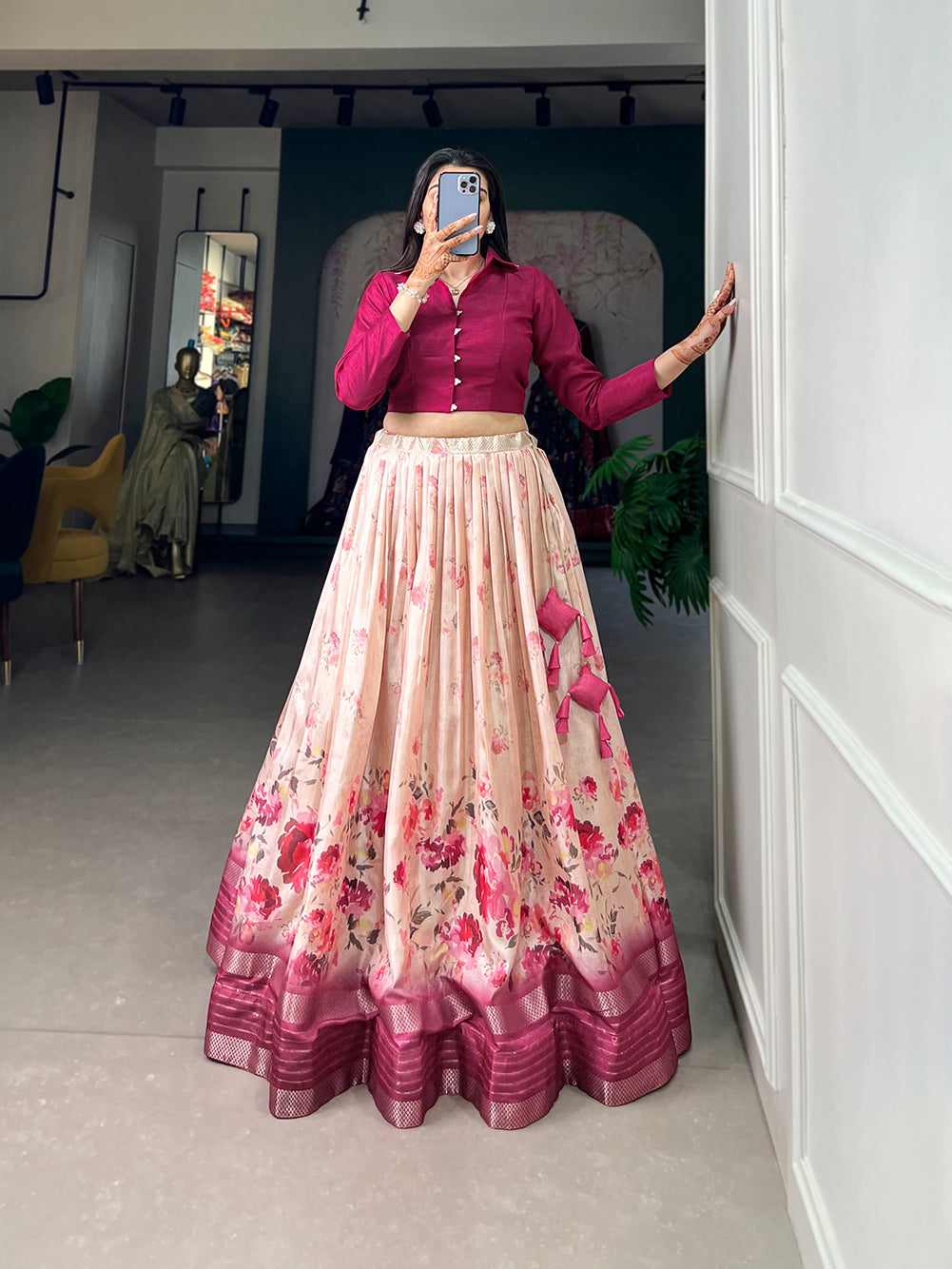 Elegant Dola Silk Floral Print Lehenga Choli with Zari Border and Stitched Banglory Blouse – Perfect Blend of Tradition and Modern Style