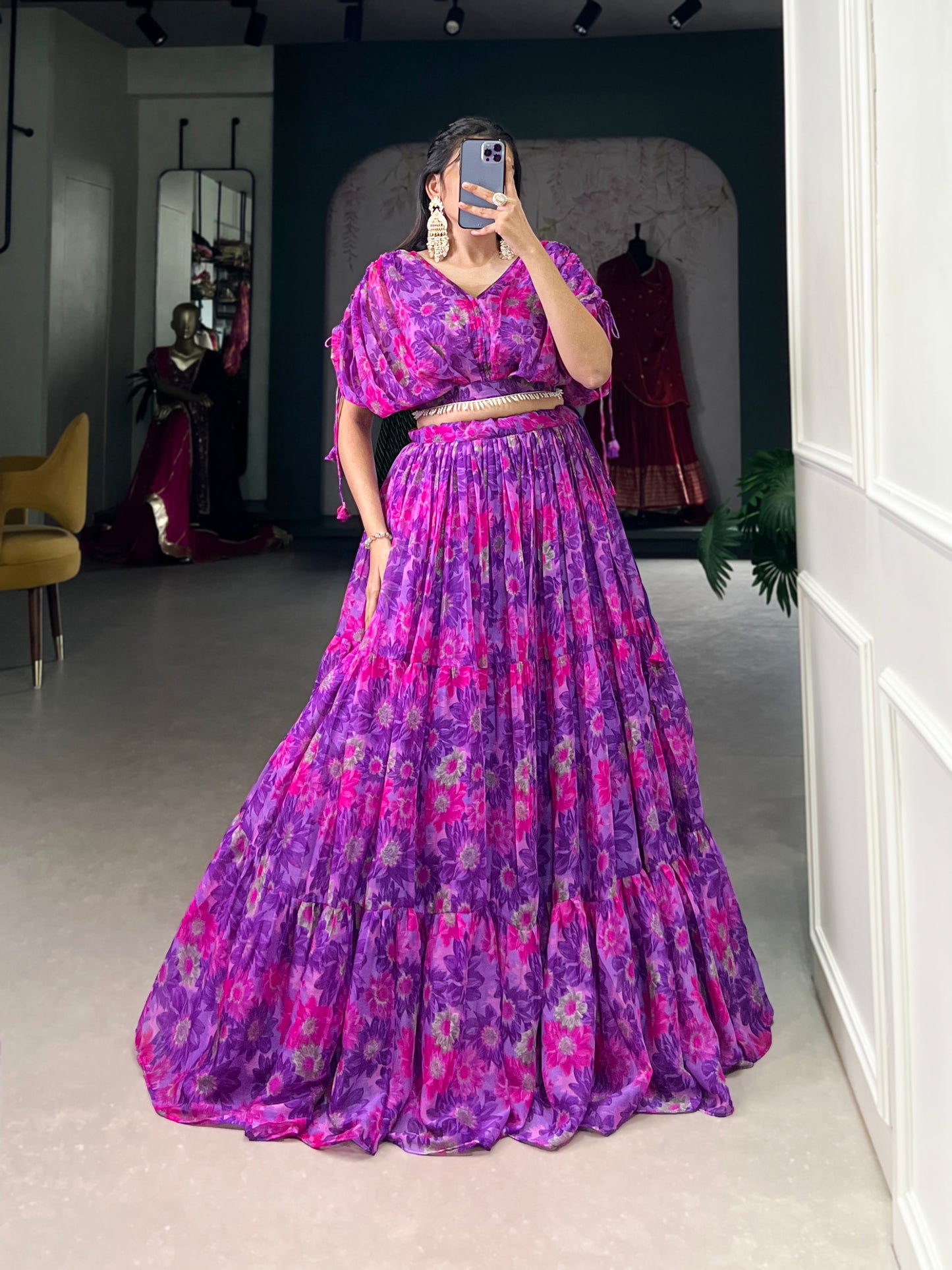 Effortless Elegance in Chiffon – Floral Print Co-ord Lehenga Set with Pearl-Enhanced Blouse