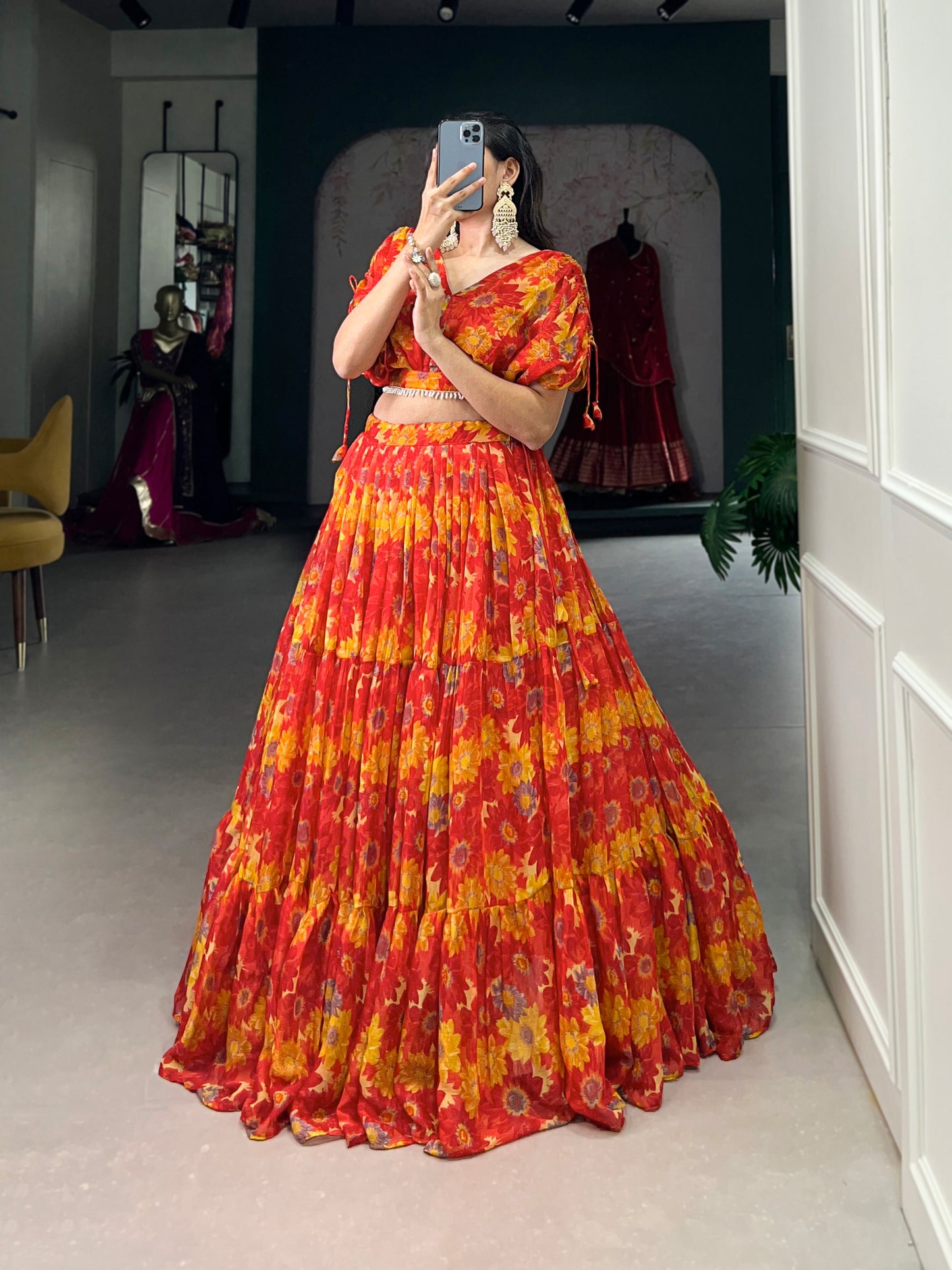 Effortless Elegance in Chiffon – Floral Print Co-ord Lehenga Set with Pearl-Enhanced Blouse
