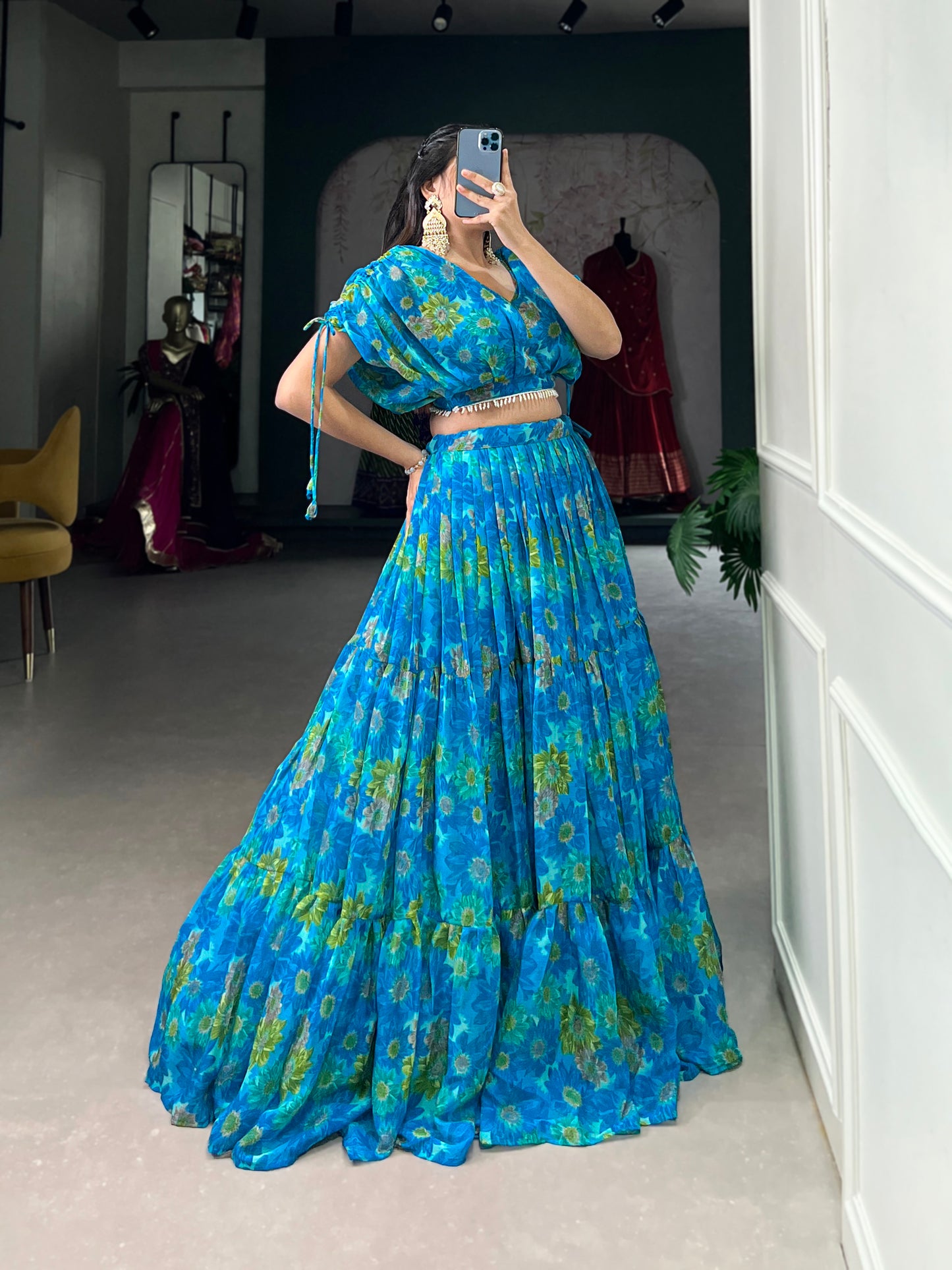 Effortless Elegance in Chiffon – Floral Print Co-ord Lehenga Set with Pearl-Enhanced Blouse