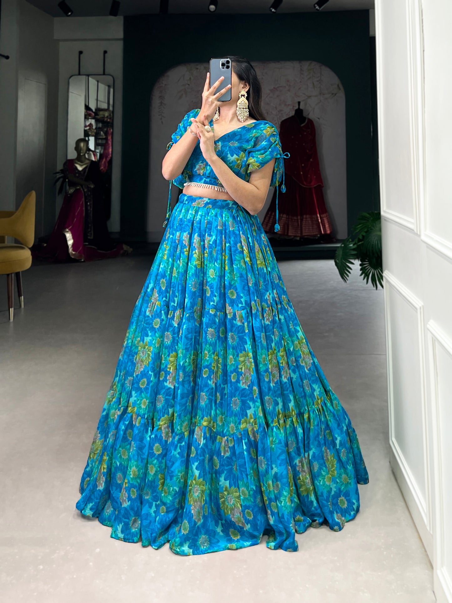 Effortless Elegance in Chiffon – Floral Print Co-ord Lehenga Set with Pearl-Enhanced Blouse