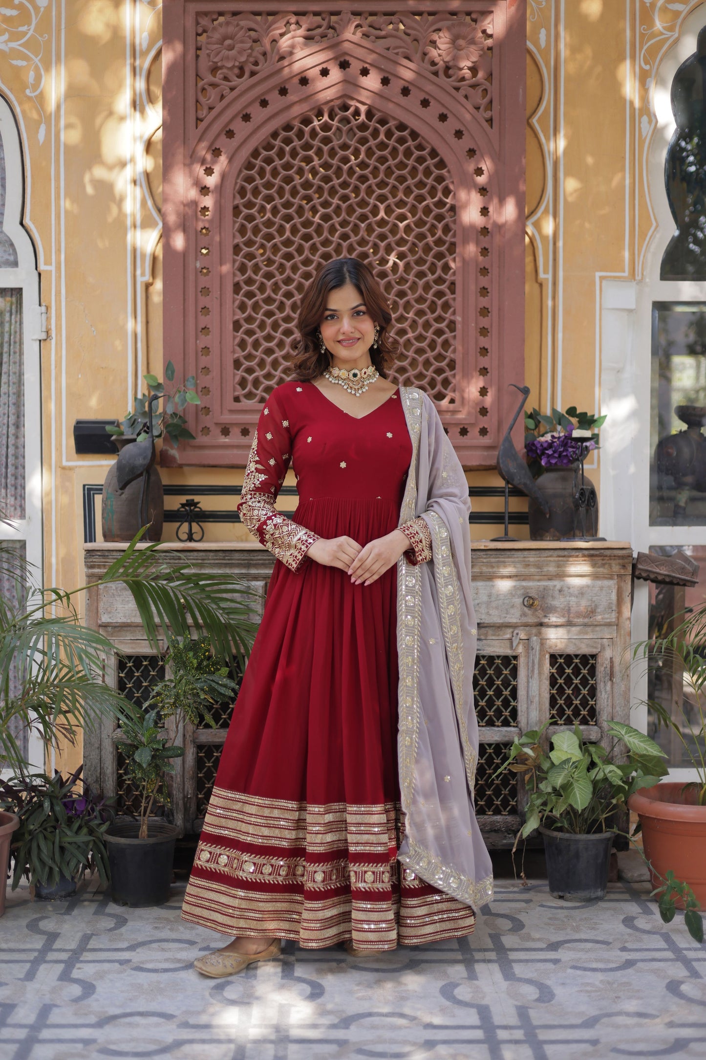 Premium Designer Readymade Gown with Dupatta – Faux Blooming with Zari & Sequins Embroidery