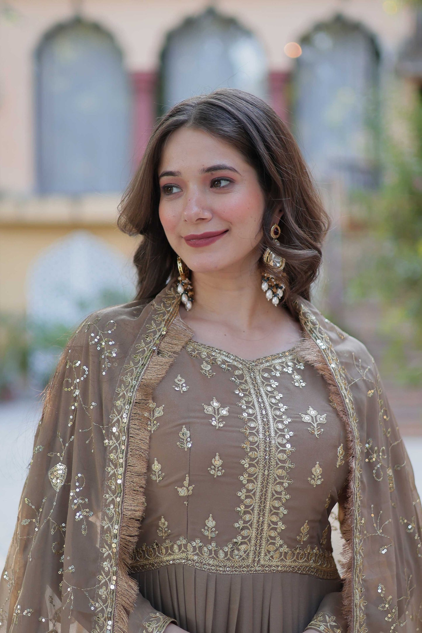 Women's Fully Flared Star Georgette Gown with Embroidered Dupatta – 15-Meter Flair & 5-Layer Frill Stitching