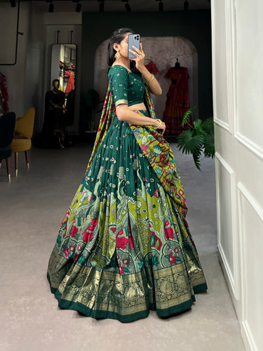 Infuse Your Wardrobe with Southern Grace – Tussar Silk Kalamkari Print Lehenga Choli with Foil Work Border