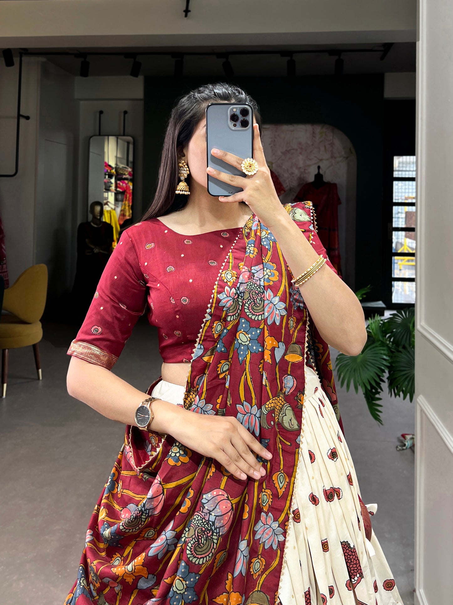 Infuse Your Wardrobe with Southern Grace – Tussar Silk Kalamkari Print Lehenga Choli with Foil Work Border