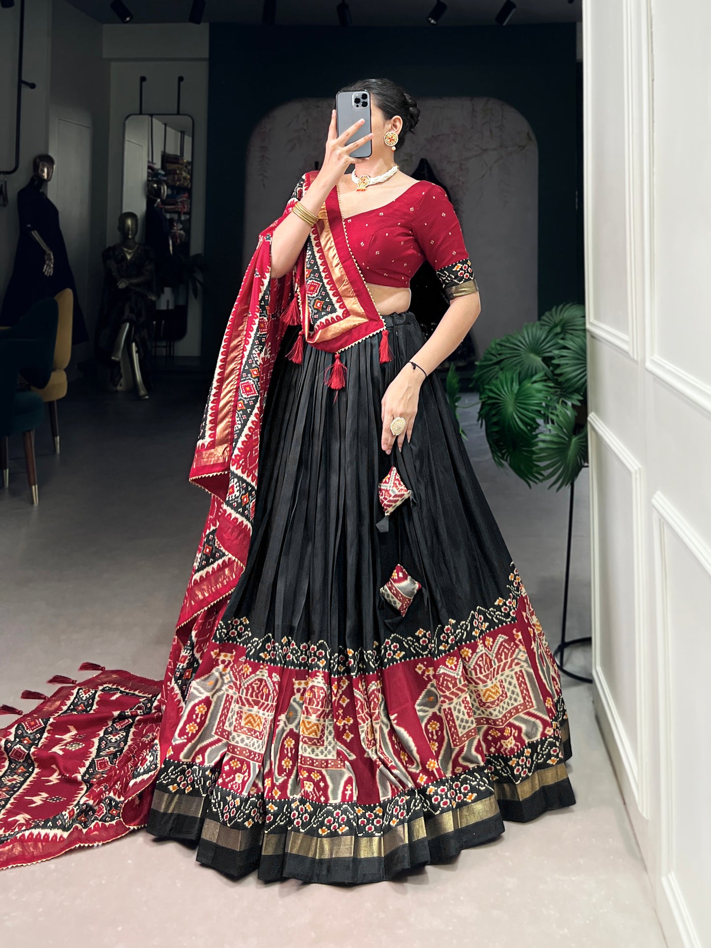 Twirling in Tradition, Shining in Silk – Tussar Silk Patola Print Lehenga Choli with Foil Work Detailing