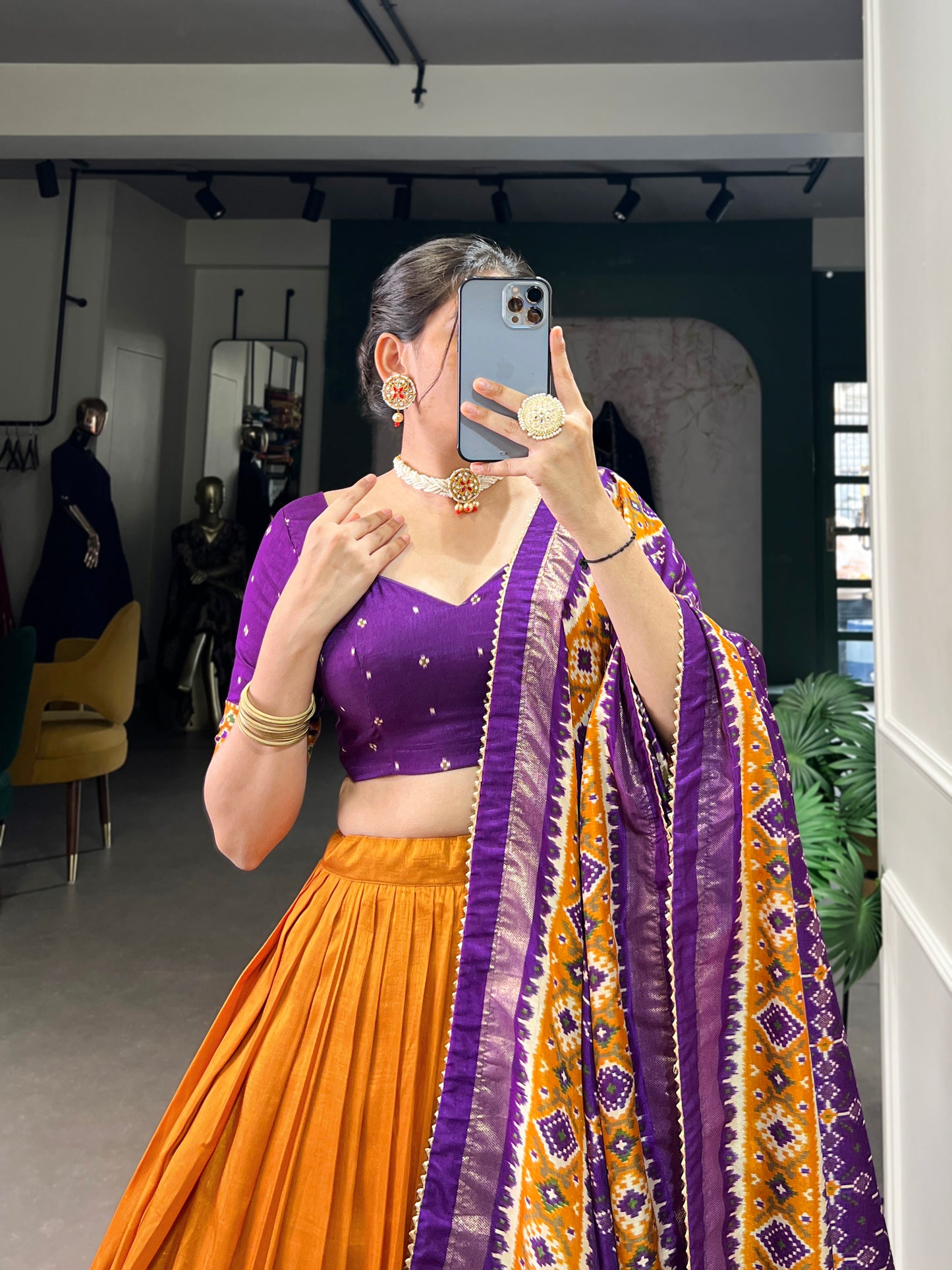Twirling in Tradition, Shining in Silk – Tussar Silk Patola Print Lehenga Choli with Foil Work Detailing