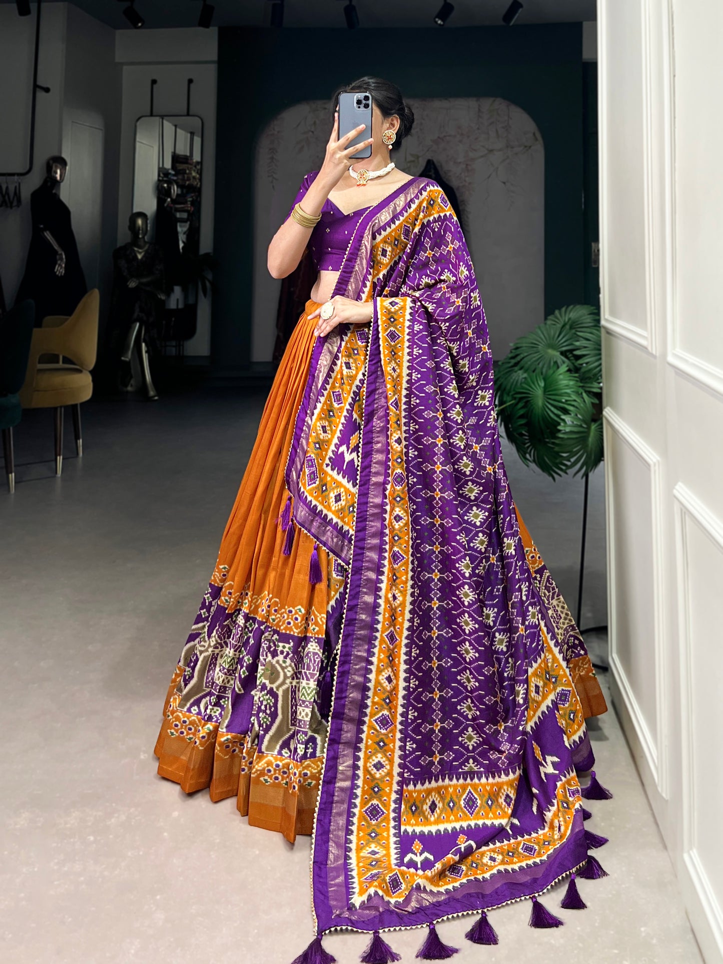 Twirling in Tradition, Shining in Silk – Tussar Silk Patola Print Lehenga Choli with Foil Work Detailing
