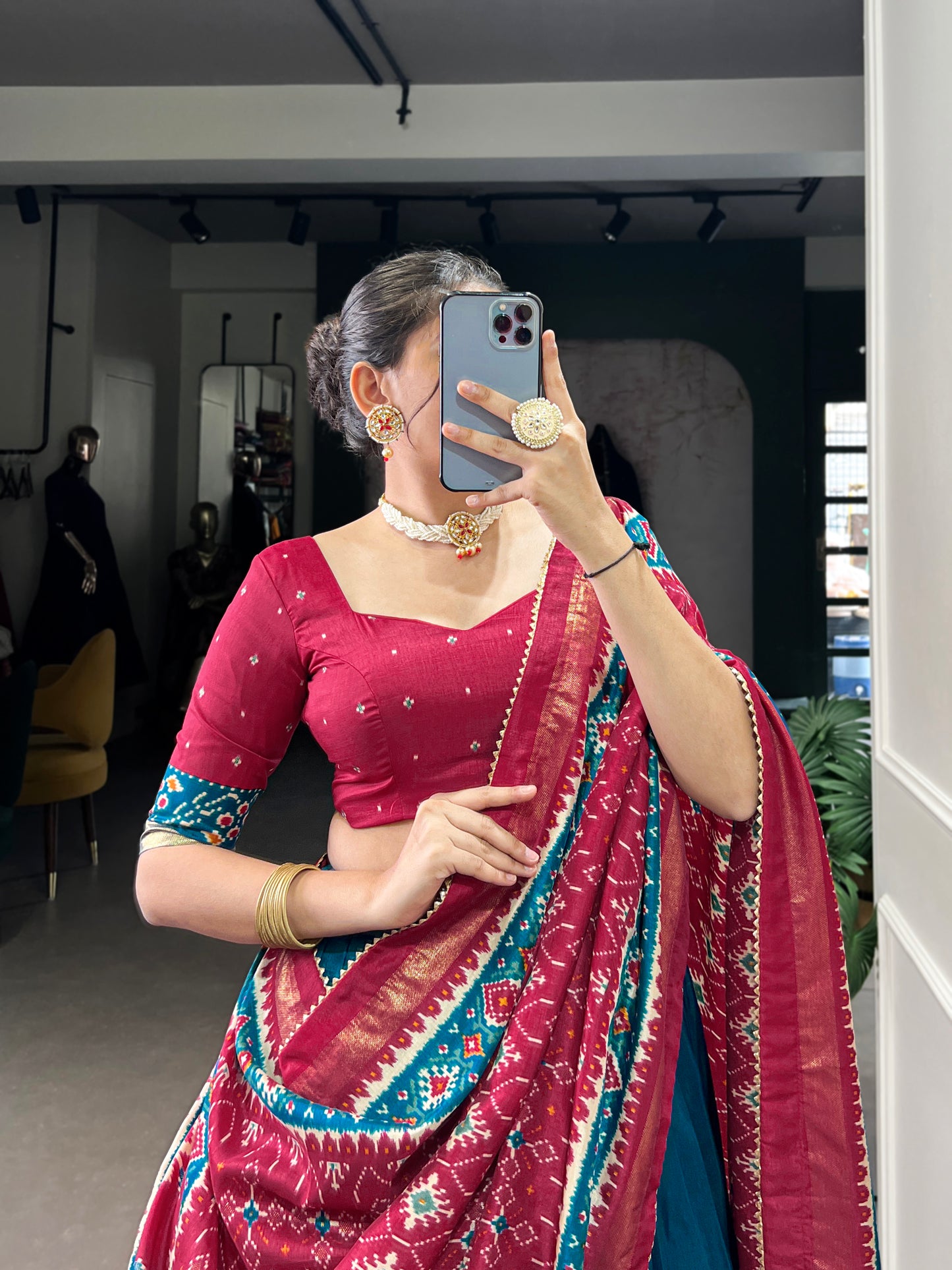 Twirling in Tradition, Shining in Silk – Tussar Silk Patola Print Lehenga Choli with Foil Work Detailing