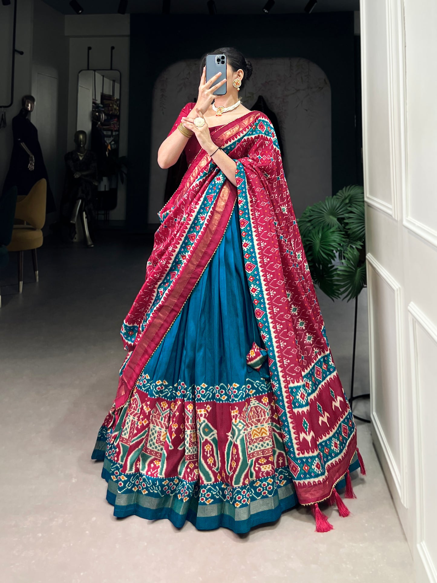 Twirling in Tradition, Shining in Silk – Tussar Silk Patola Print Lehenga Choli with Foil Work Detailing