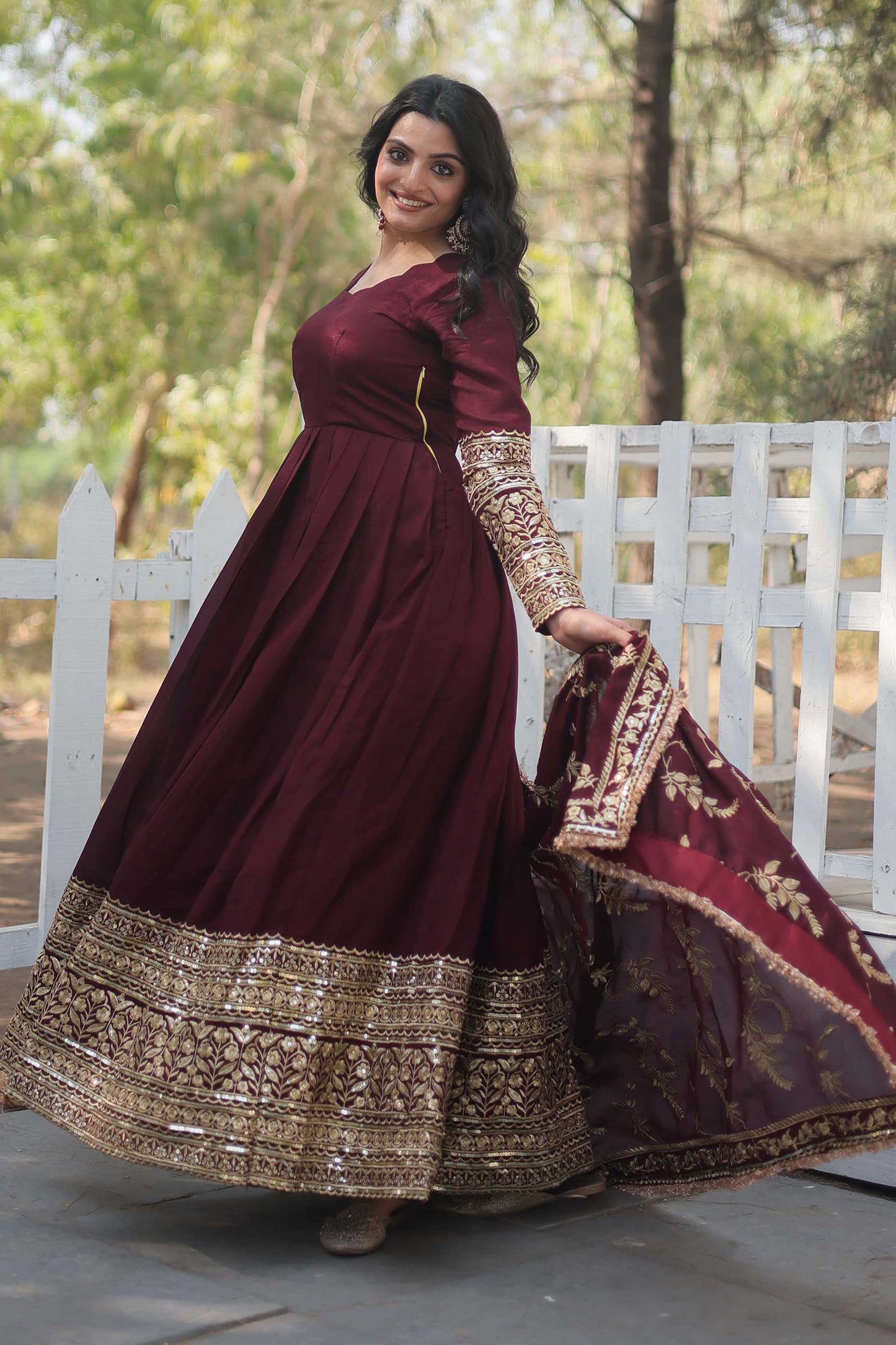Premium Vichitra Shimmer Anarkali Gown with Dupatta – Rich Sequins Embroidery & Fancy V-Neck