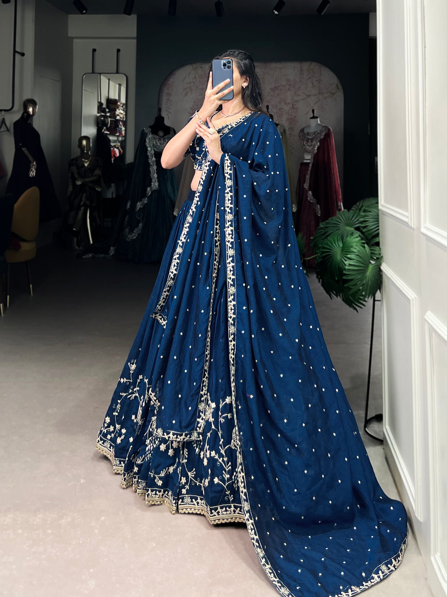 Simple Yet Stunning – Vichitra Silk Lehenga Choli with Elegant Sequin and Thread Embroidery