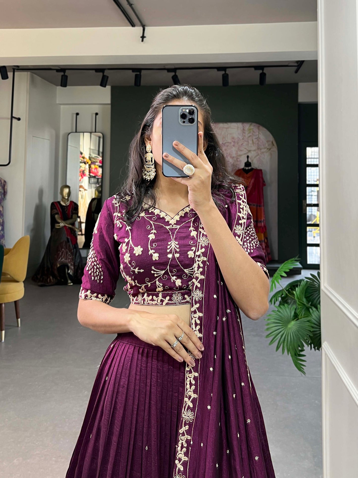 Simple Yet Stunning – Vichitra Silk Lehenga Choli with Elegant Sequin and Thread Embroidery