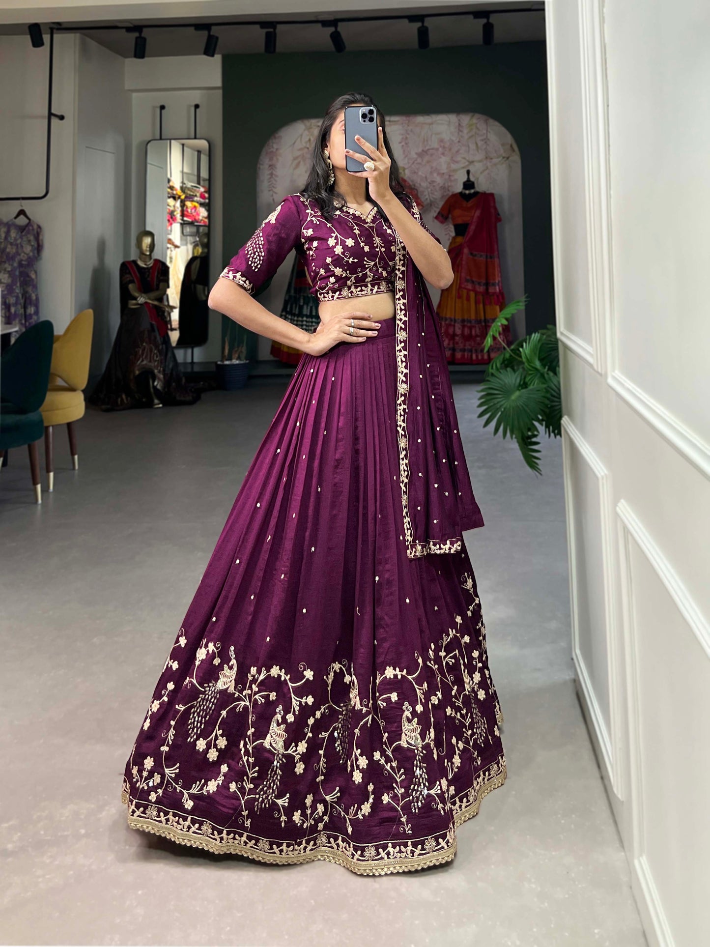 Simple Yet Stunning – Vichitra Silk Lehenga Choli with Elegant Sequin and Thread Embroidery