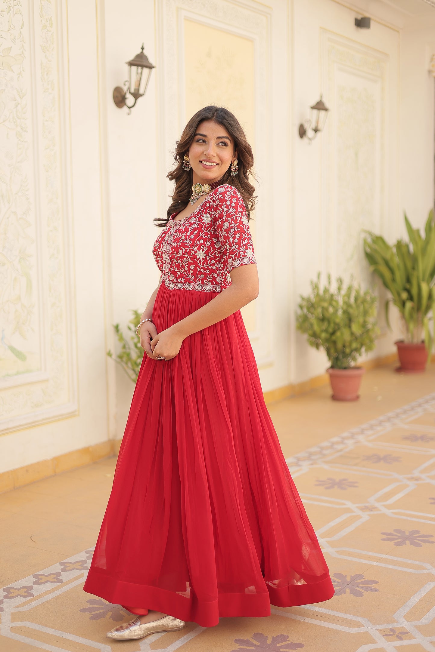 Elegant Georgette Embroidered Gown – Zari & Sequins Work