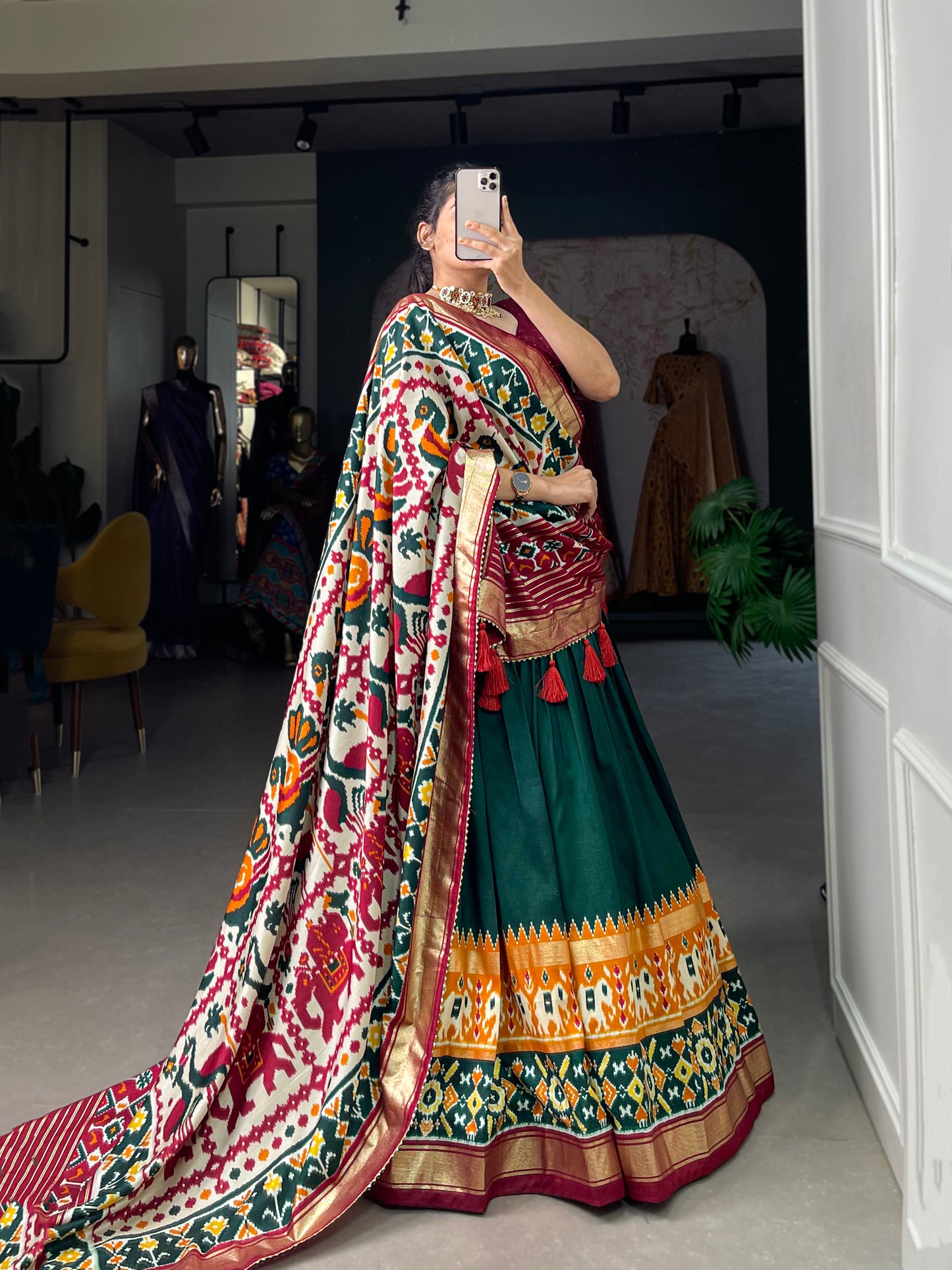 Festive Elegance in Every Thread – Tussar Silk Patola Print Lehenga Choli with Foil Work and Gotta Patti Detailing