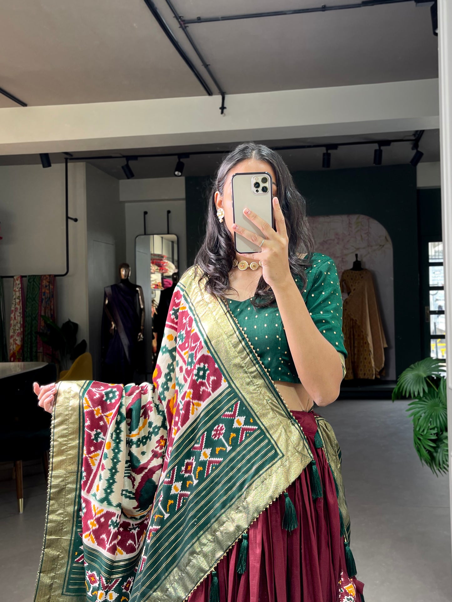 Festive Elegance in Every Thread – Tussar Silk Patola Print Lehenga Choli with Foil Work and Gotta Patti Detailing