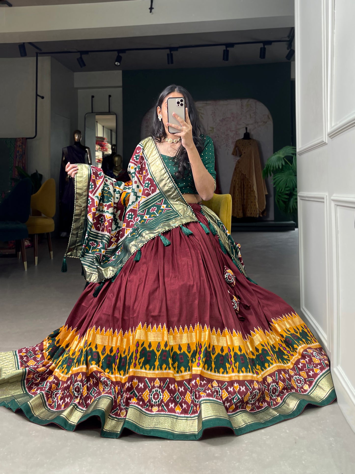 Festive Elegance in Every Thread – Tussar Silk Patola Print Lehenga Choli with Foil Work and Gotta Patti Detailing