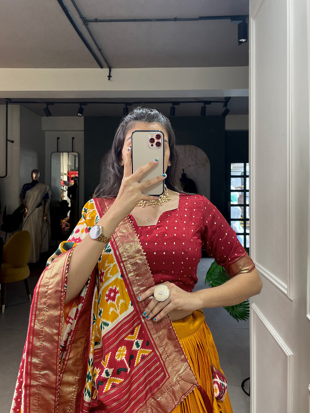 Festive Elegance in Every Thread – Tussar Silk Patola Print Lehenga Choli with Foil Work and Gotta Patti Detailing