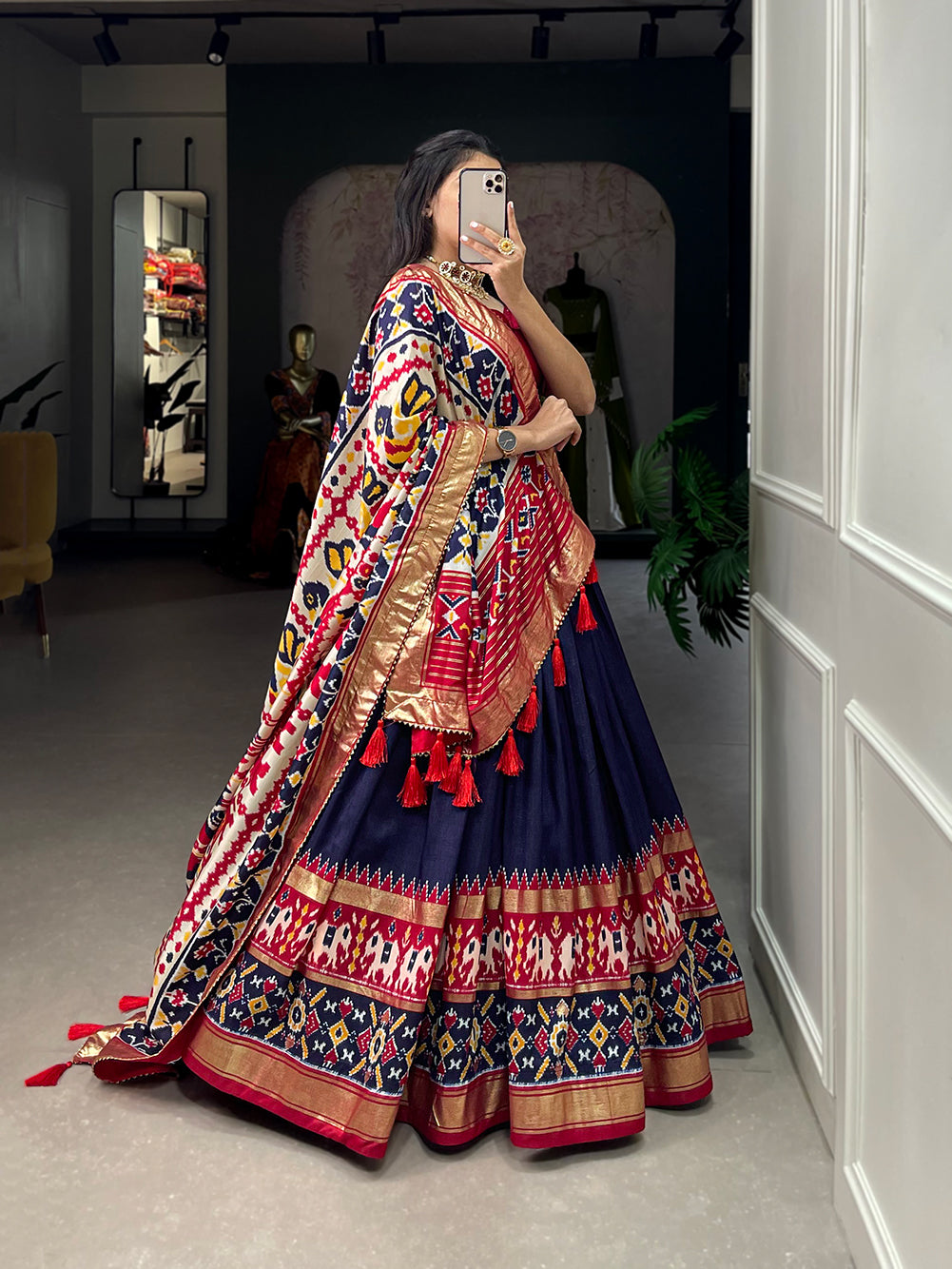 Festive Elegance in Every Thread – Tussar Silk Patola Print Lehenga Choli with Foil Work and Gotta Patti Detailing