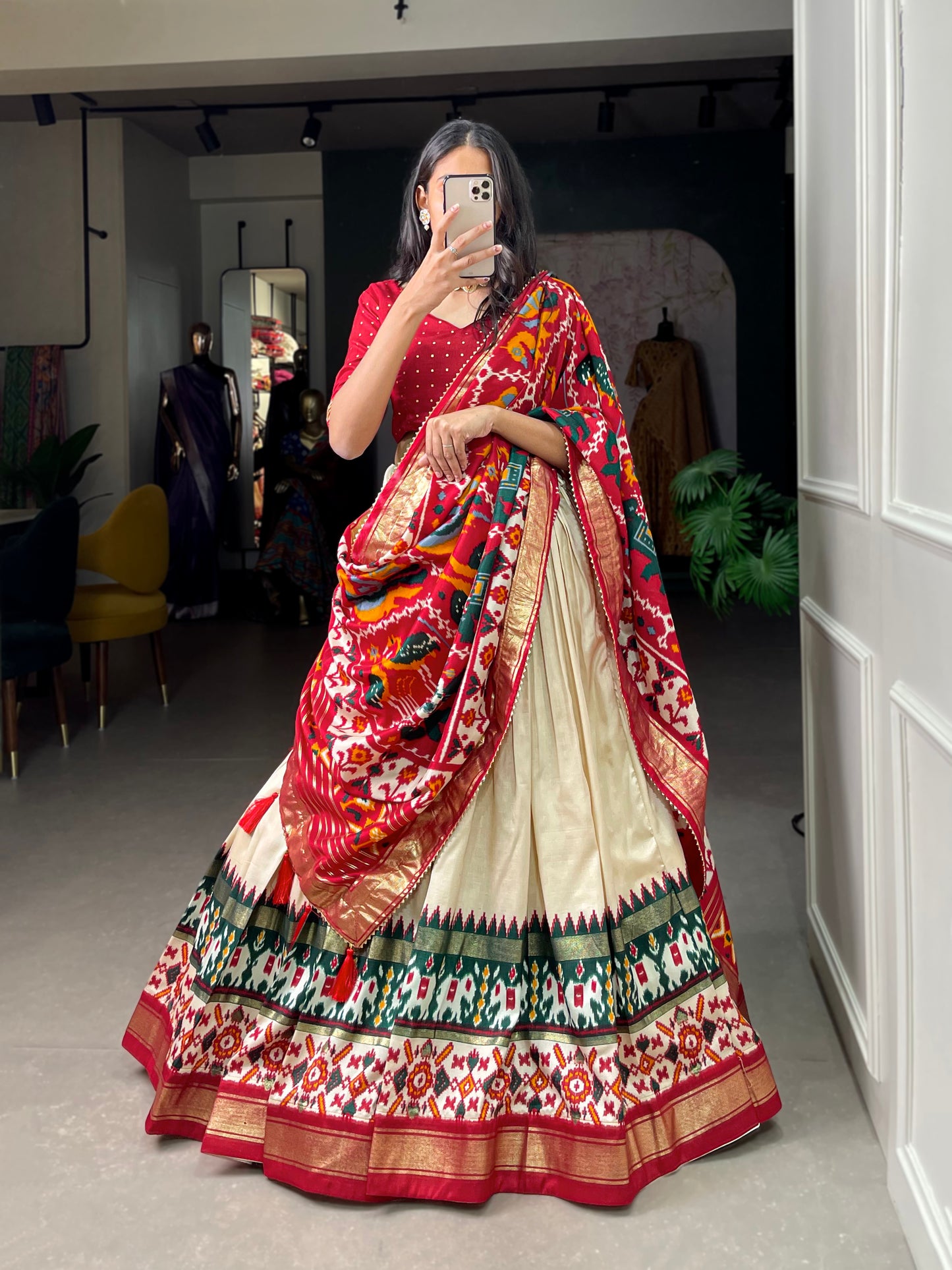 Festive Elegance in Every Thread – Tussar Silk Patola Print Lehenga Choli with Foil Work and Gotta Patti Detailing