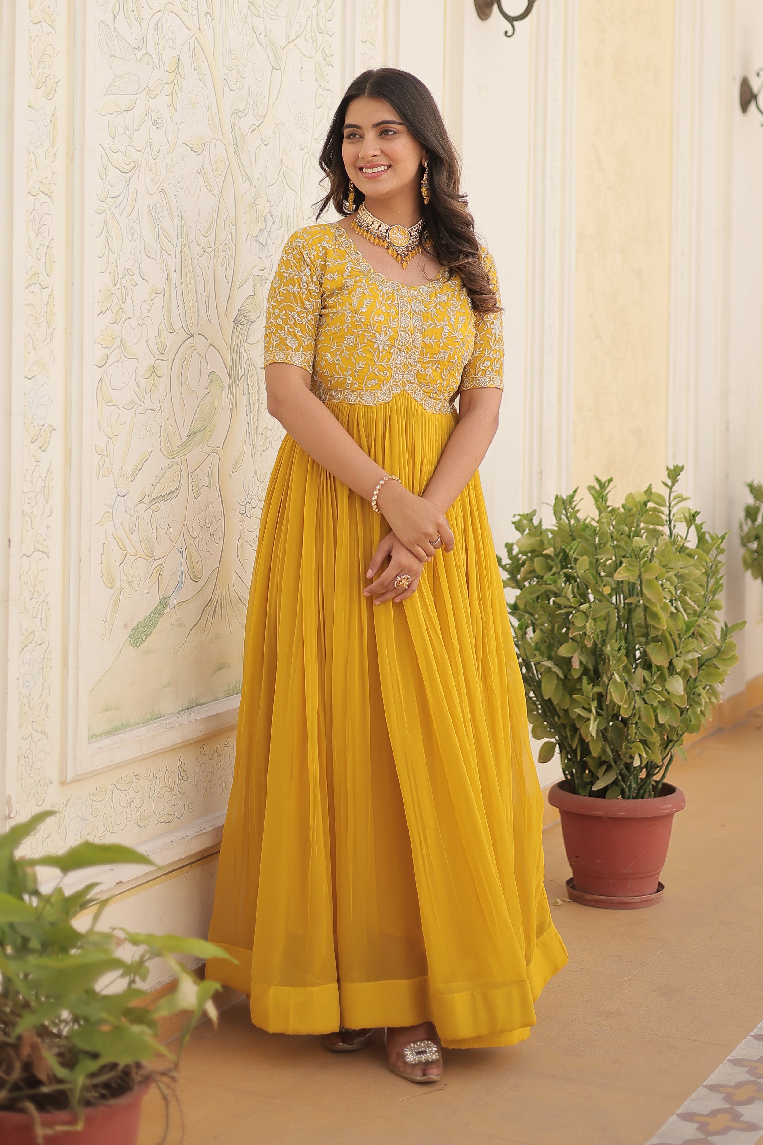 Elegant Georgette Embroidered Gown – Zari & Sequins Work