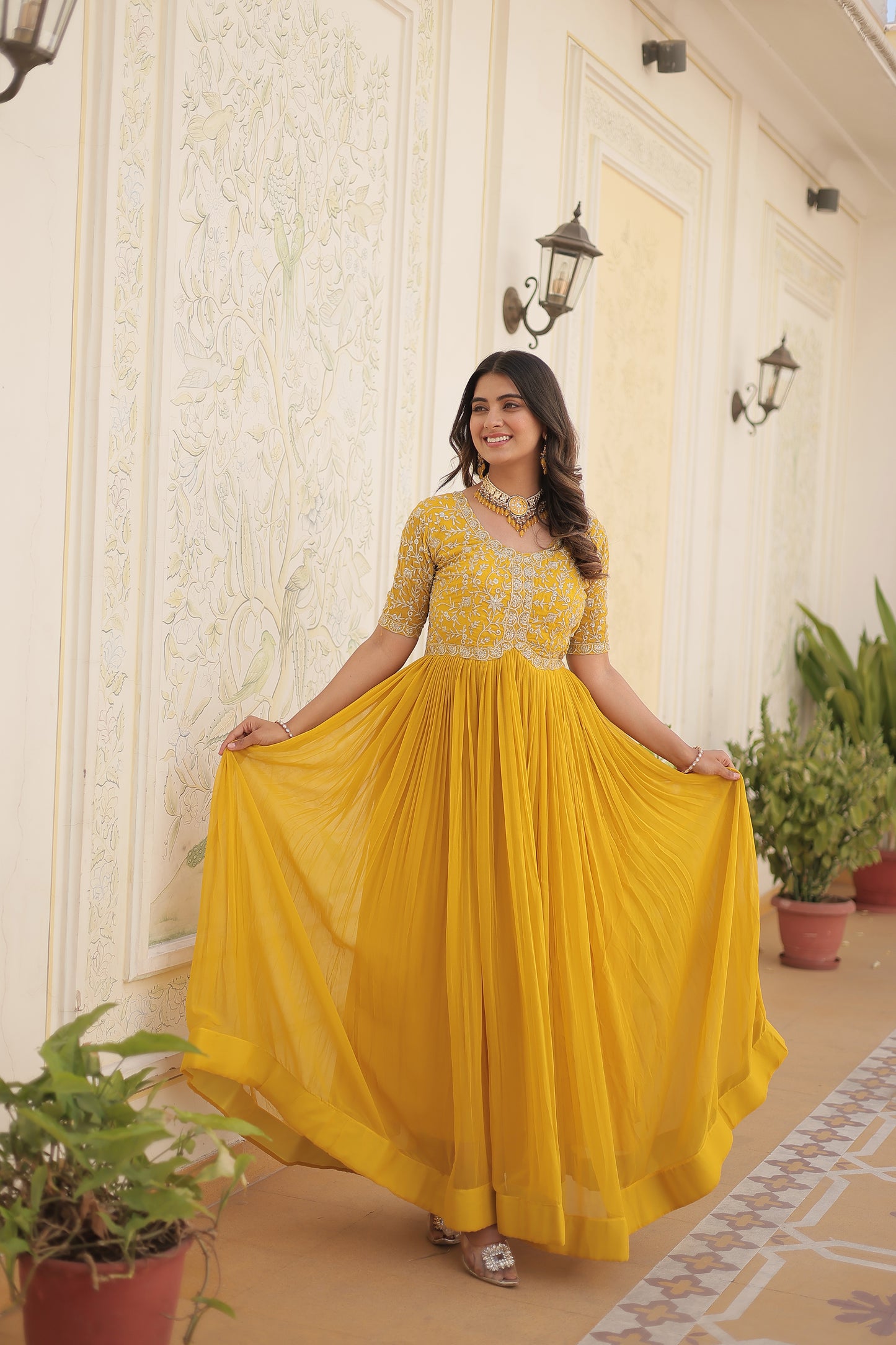 Elegant Georgette Embroidered Gown – Zari & Sequins Work