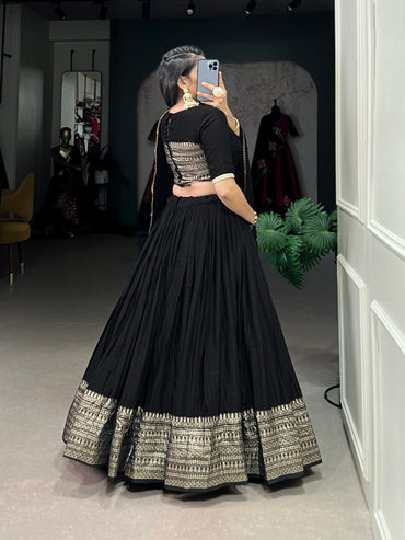 Crafted for Grace and Beauty – Pure Chanderi Plain Lehenga with Zari Work Border and Sequin Embellished Dupatta