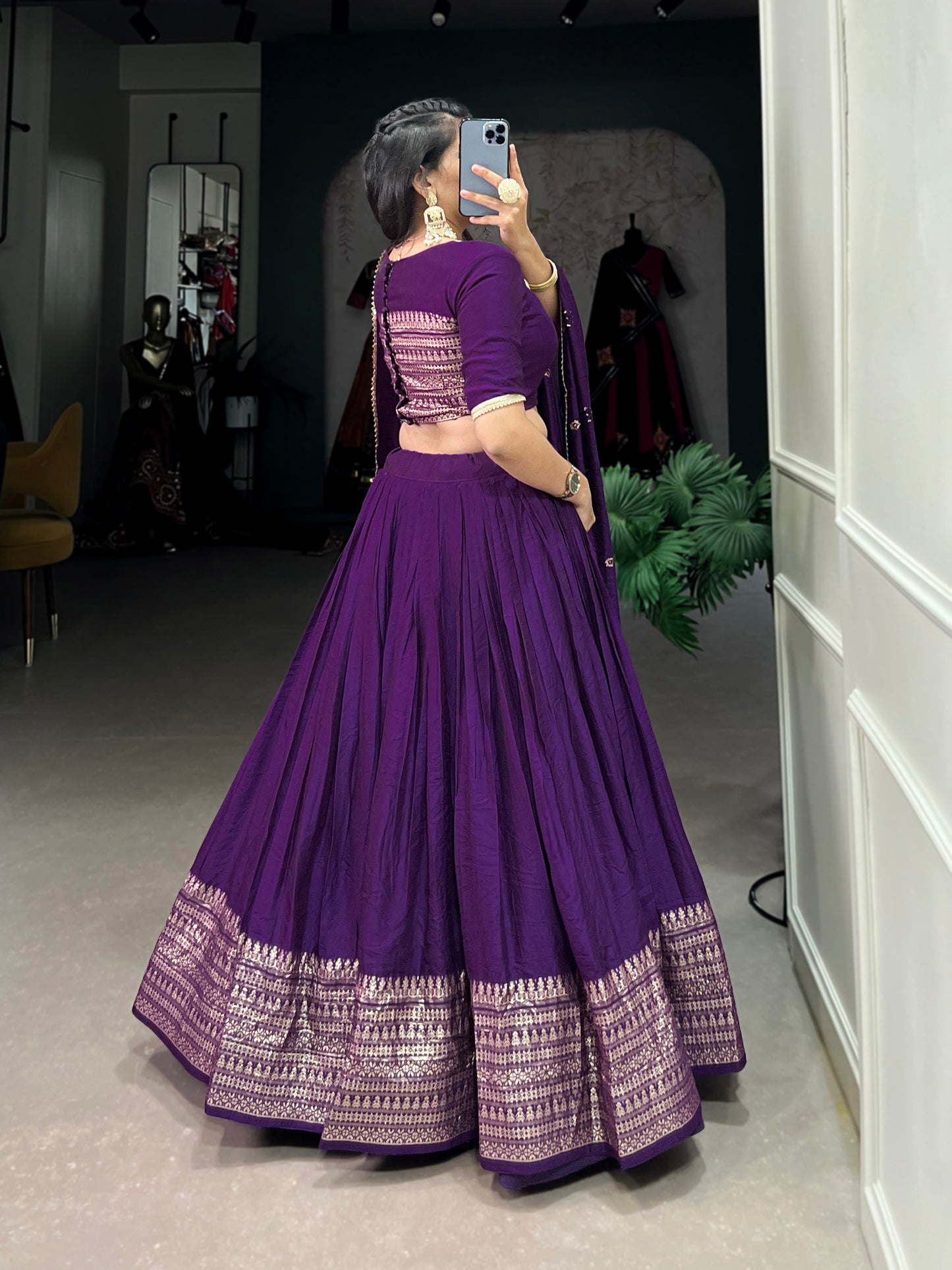 Crafted for Grace and Beauty – Pure Chanderi Plain Lehenga with Zari Work Border and Sequin Embellished Dupatta