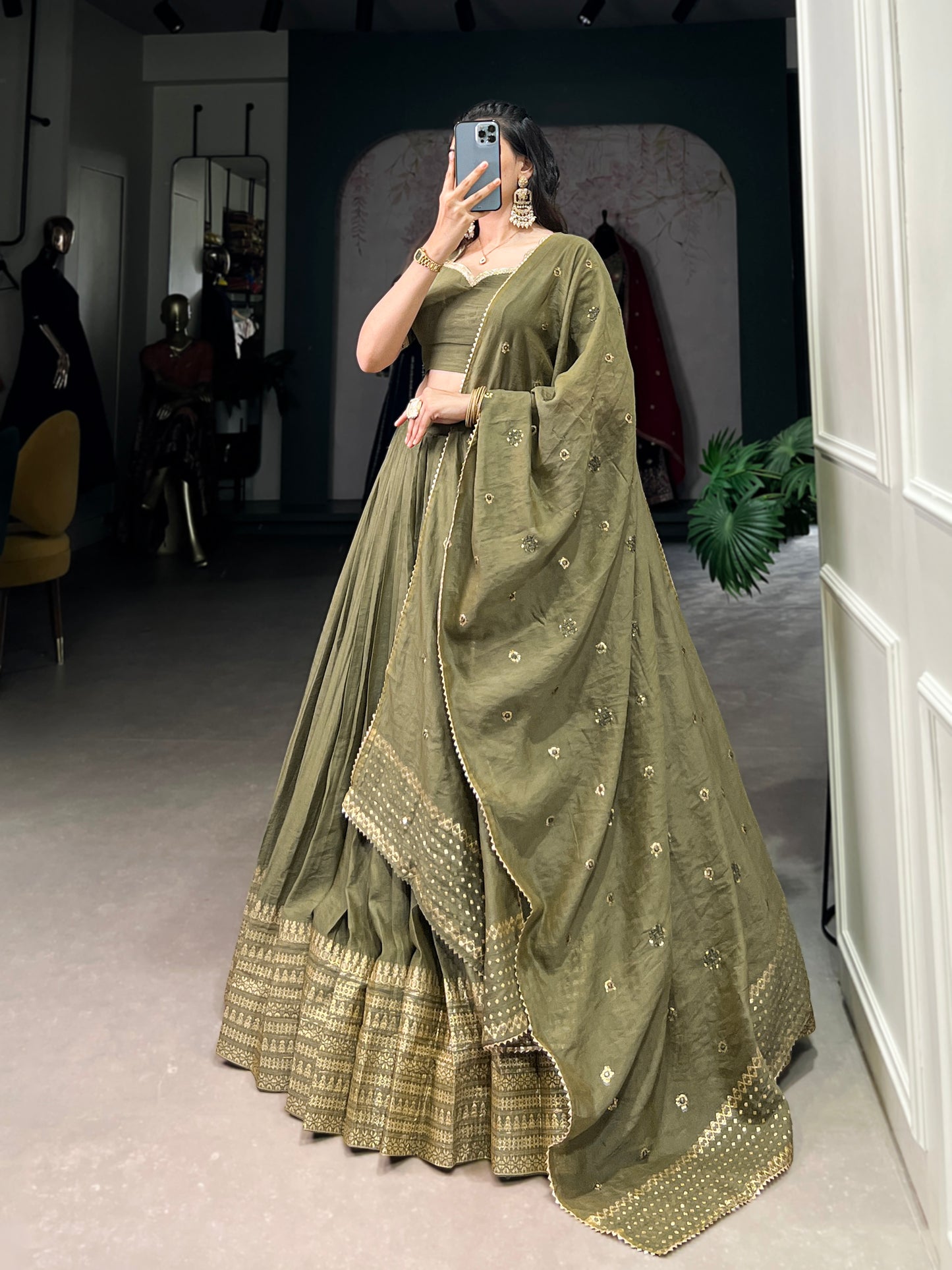 Crafted for Grace and Beauty – Pure Chanderi Plain Lehenga with Zari Work Border and Sequin Embellished Dupatta