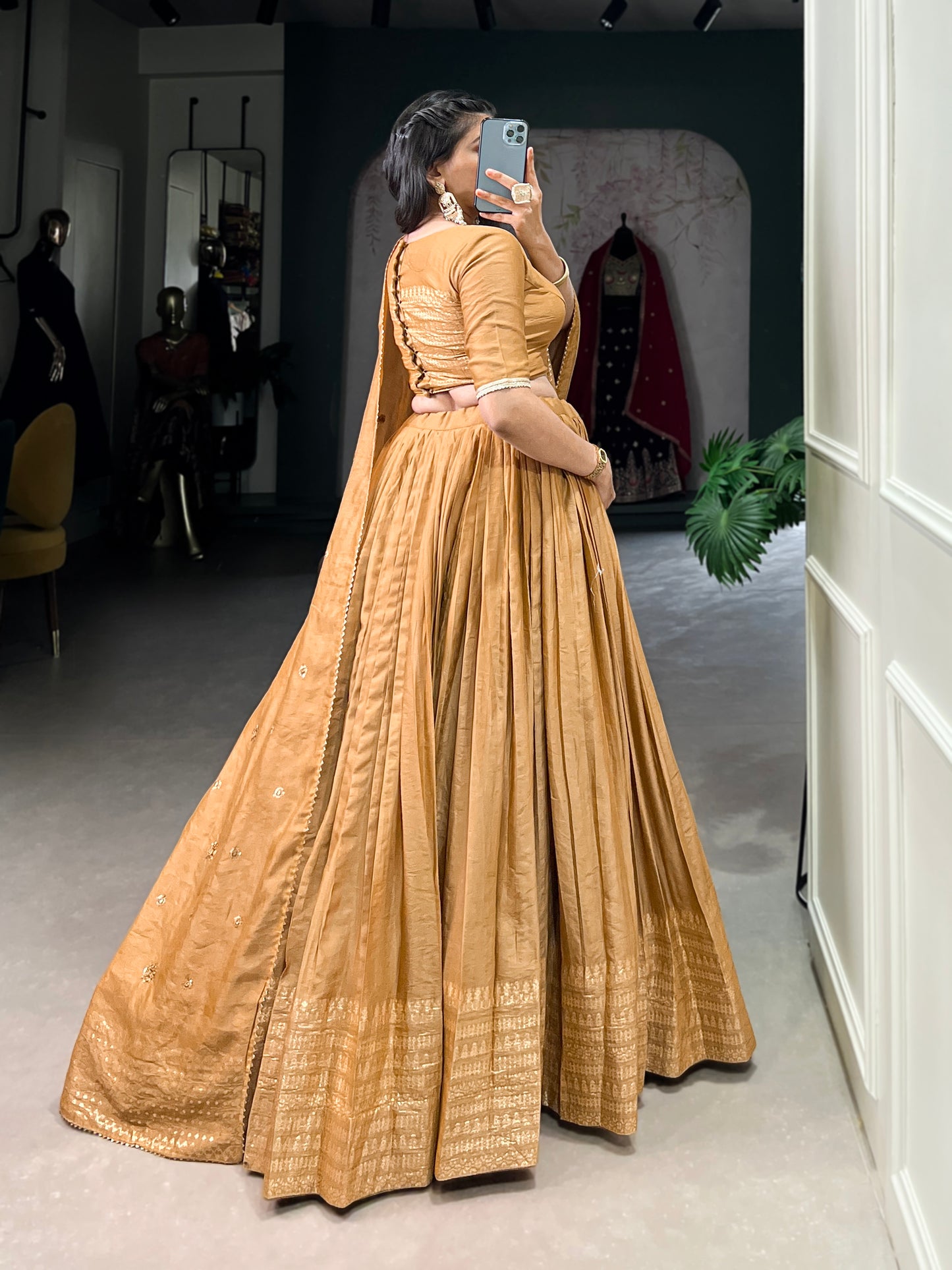 Crafted for Grace and Beauty – Pure Chanderi Plain Lehenga with Zari Work Border and Sequin Embellished Dupatta