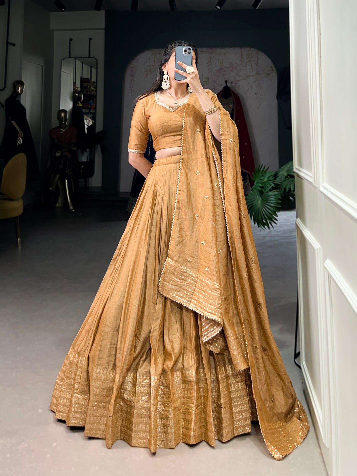Crafted for Grace and Beauty – Pure Chanderi Plain Lehenga with Zari Work Border and Sequin Embellished Dupatta