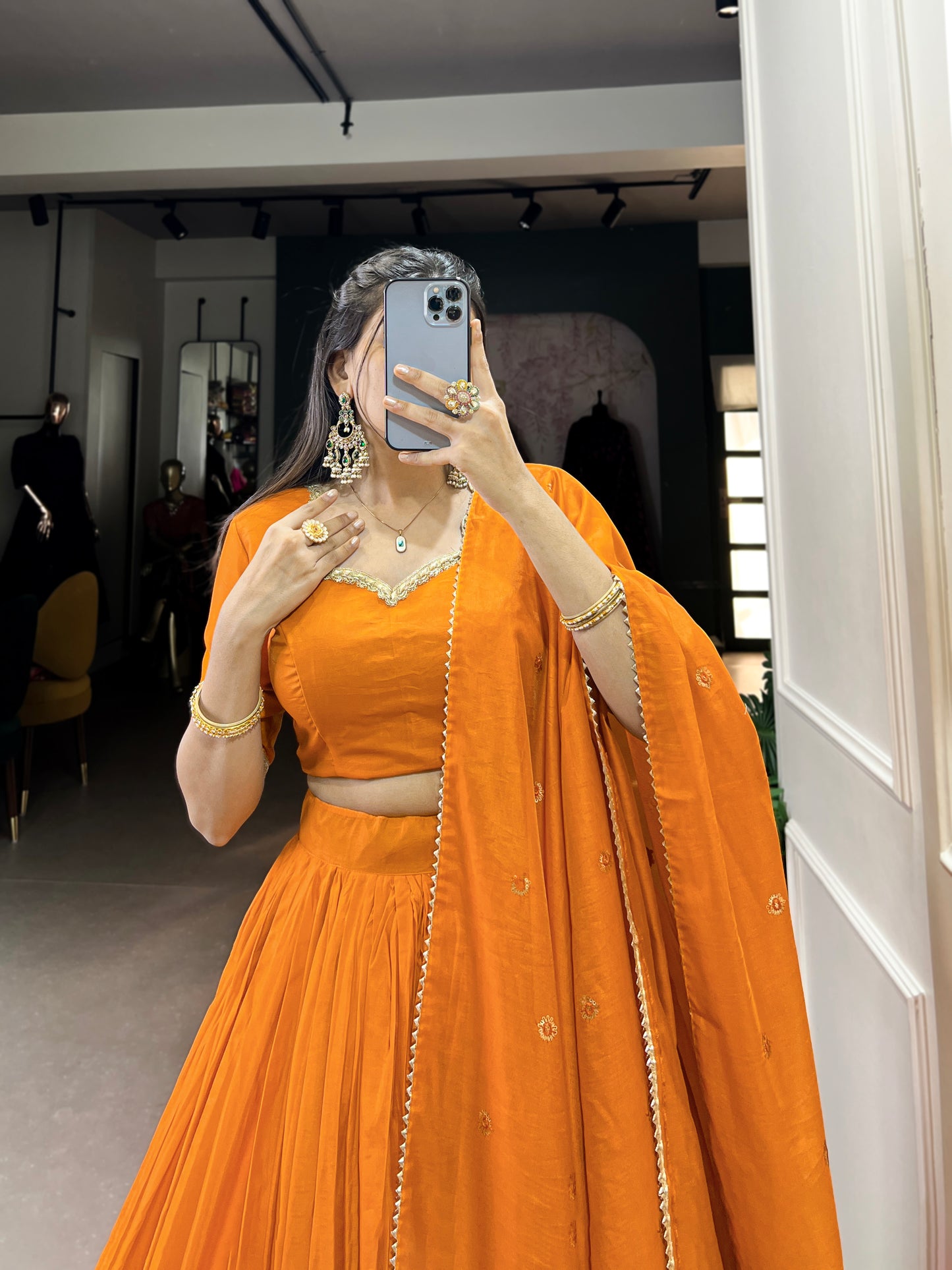 Crafted for Grace and Beauty – Pure Chanderi Plain Lehenga with Zari Work Border and Sequin Embellished Dupatta