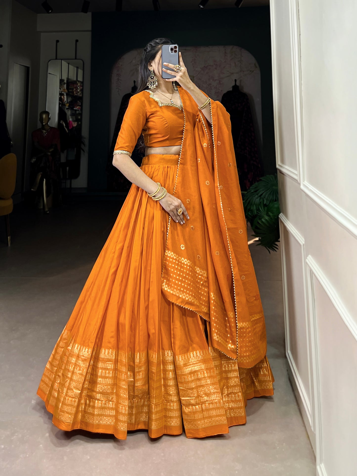 Crafted for Grace and Beauty – Pure Chanderi Plain Lehenga with Zari Work Border and Sequin Embellished Dupatta