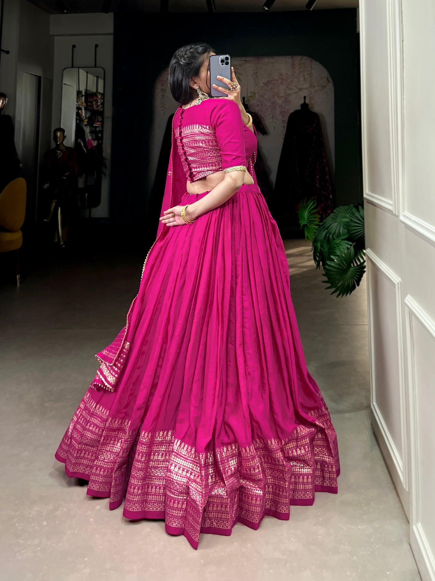 Crafted for Grace and Beauty – Pure Chanderi Plain Lehenga with Zari Work Border and Sequin Embellished Dupatta