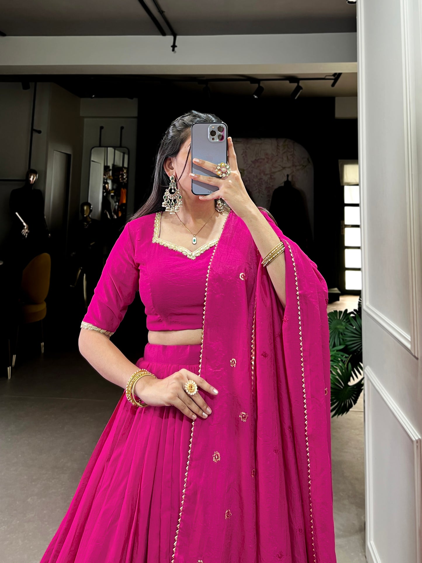 Crafted for Grace and Beauty – Pure Chanderi Plain Lehenga with Zari Work Border and Sequin Embellished Dupatta
