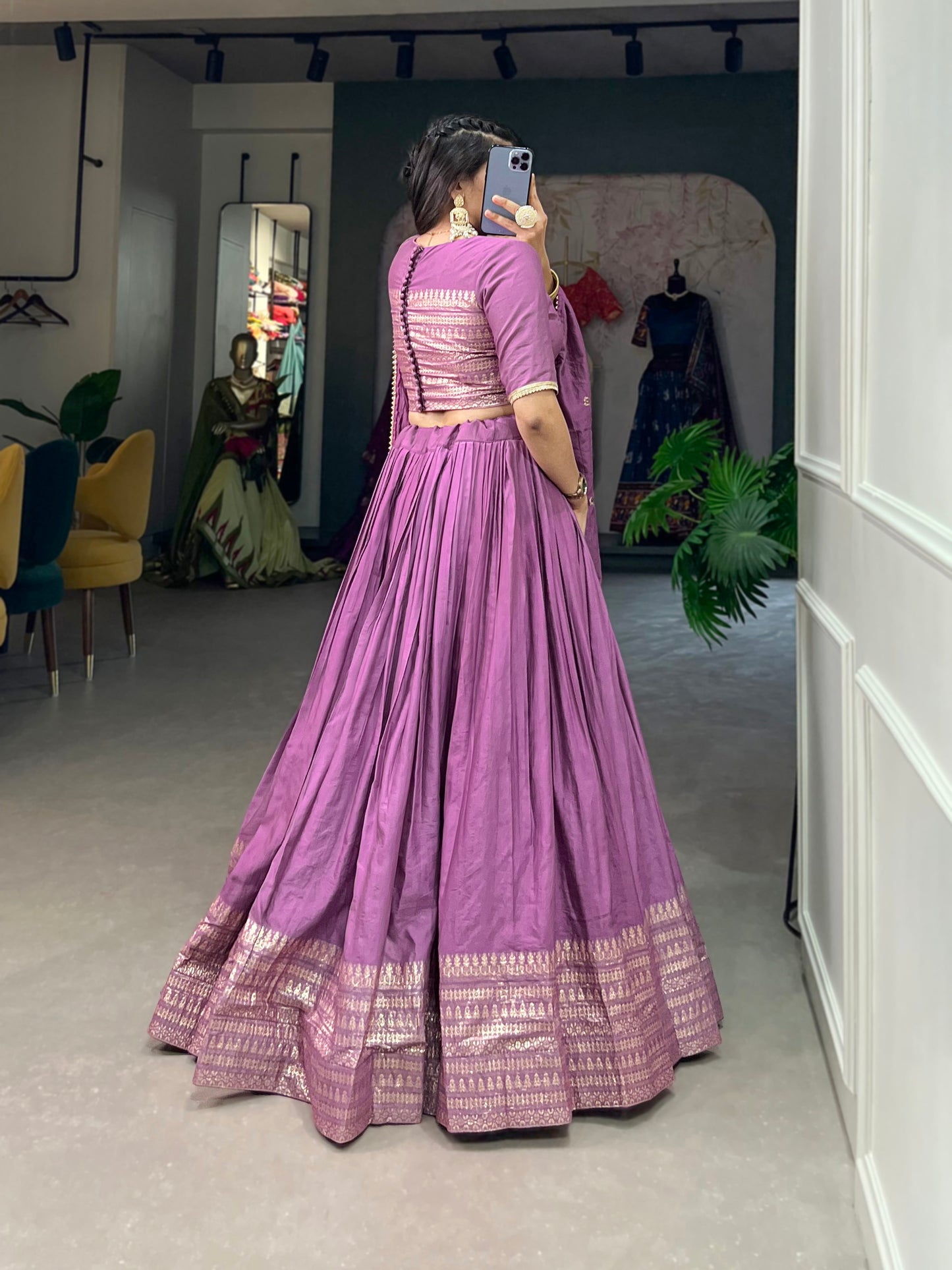 Crafted for Grace and Beauty – Pure Chanderi Plain Lehenga with Zari Work Border and Sequin Embellished Dupatta