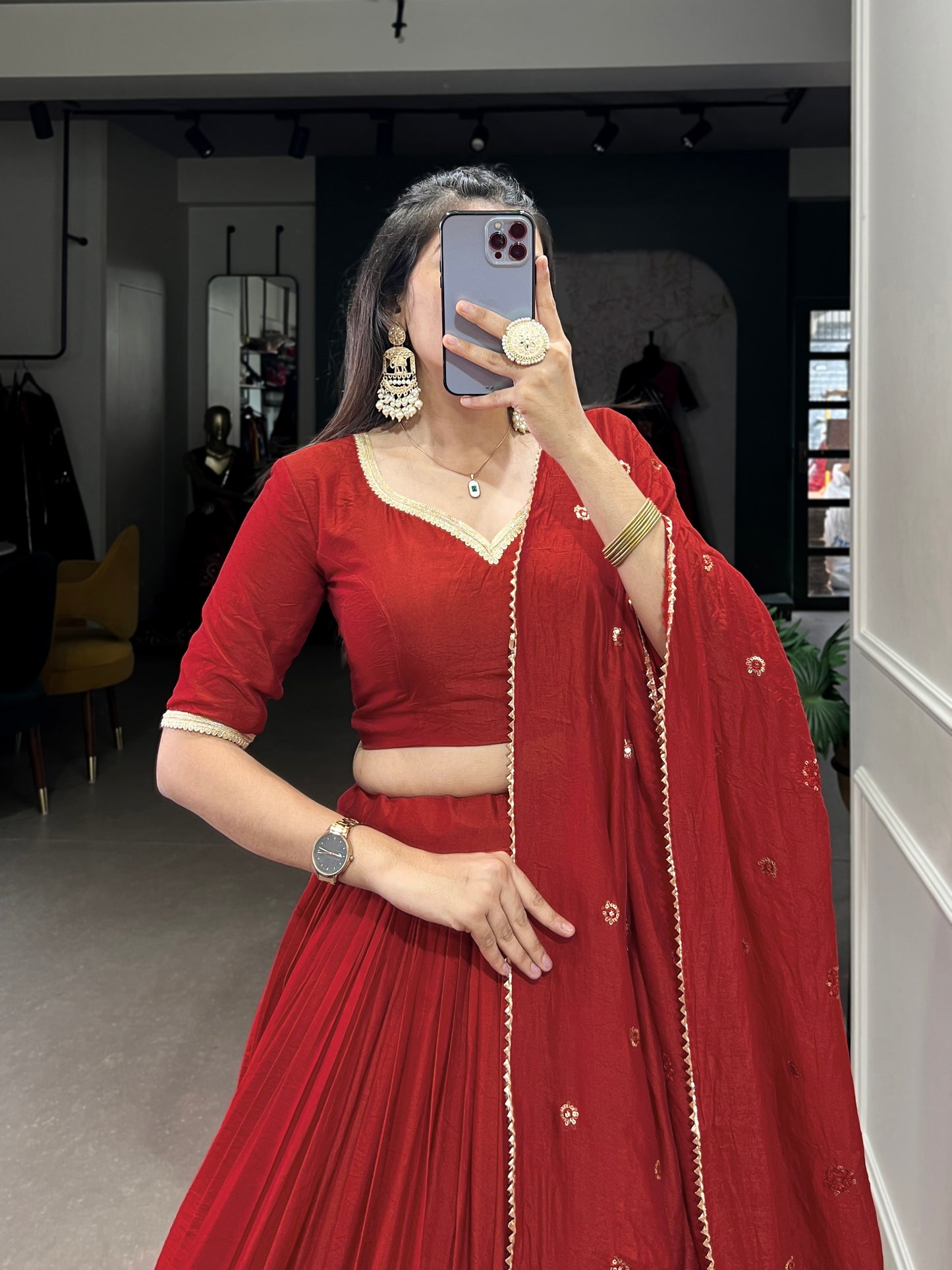 Crafted for Grace and Beauty – Pure Chanderi Plain Lehenga with Zari Work Border and Sequin Embellished Dupatta