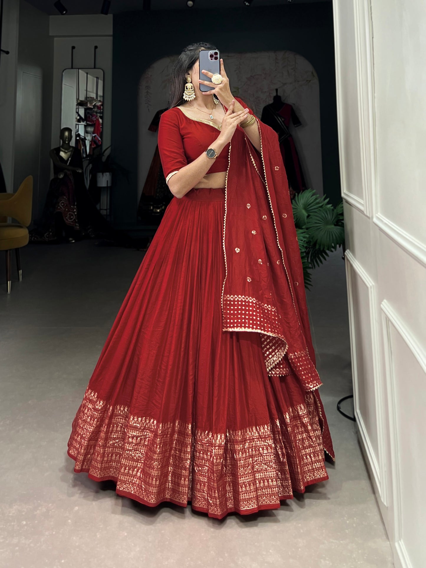 Crafted for Grace and Beauty – Pure Chanderi Plain Lehenga with Zari Work Border and Sequin Embellished Dupatta