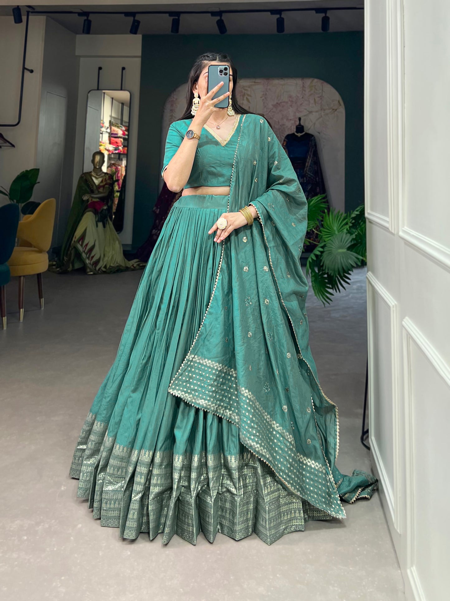 Crafted for Grace and Beauty – Pure Chanderi Plain Lehenga with Zari Work Border and Sequin Embellished Dupatta