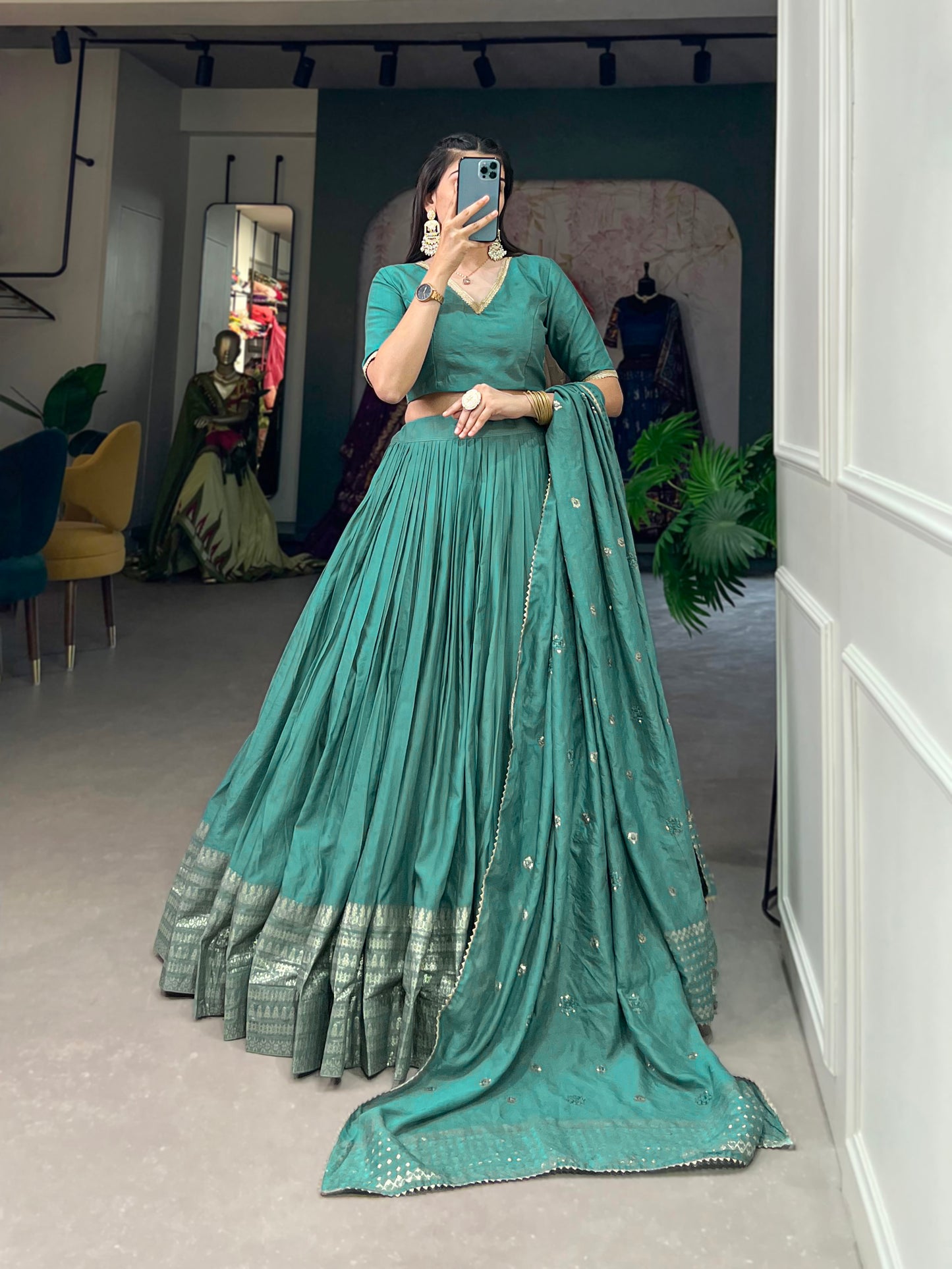 Crafted for Grace and Beauty – Pure Chanderi Plain Lehenga with Zari Work Border and Sequin Embellished Dupatta