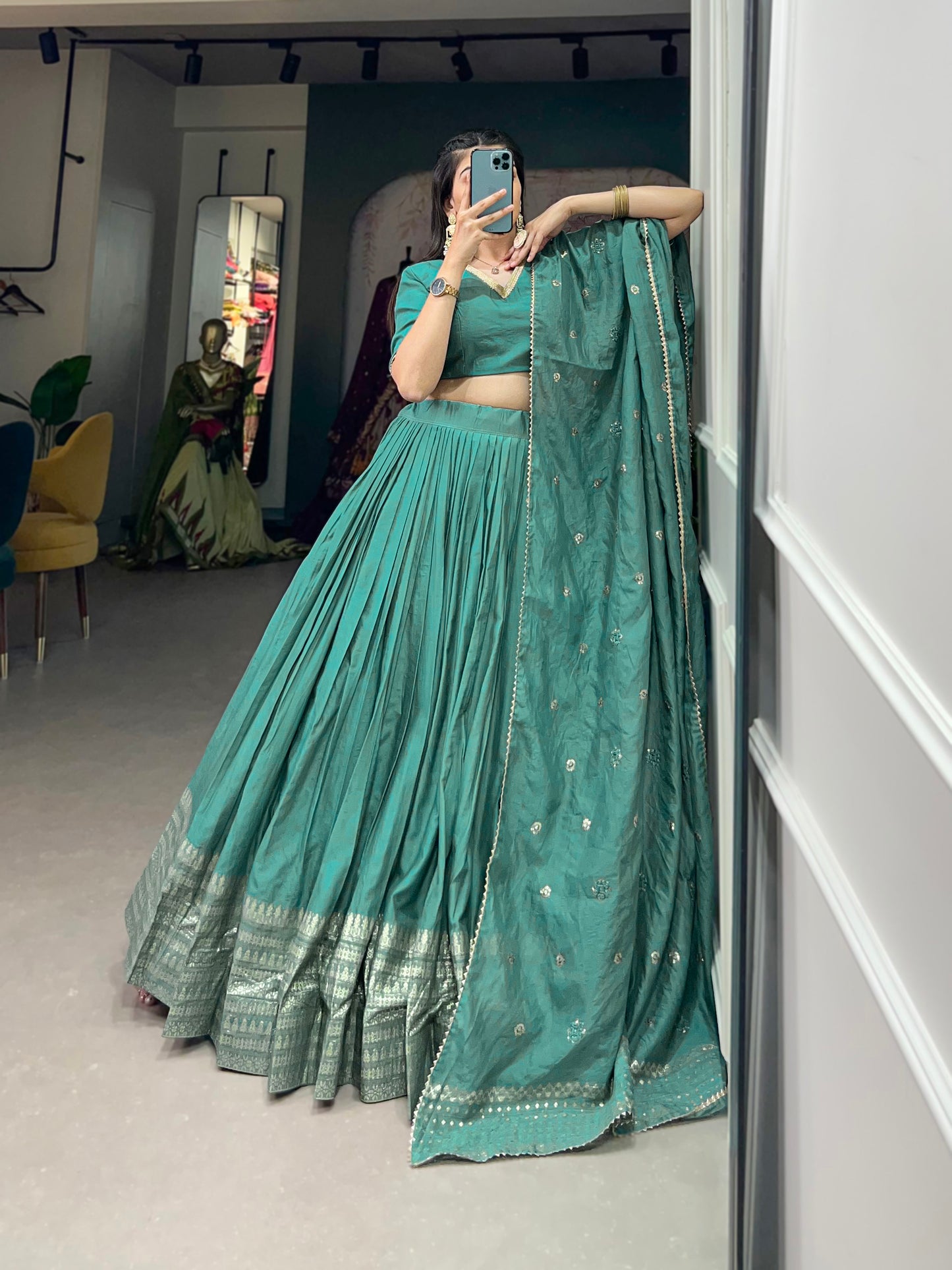 Crafted for Grace and Beauty – Pure Chanderi Plain Lehenga with Zari Work Border and Sequin Embellished Dupatta