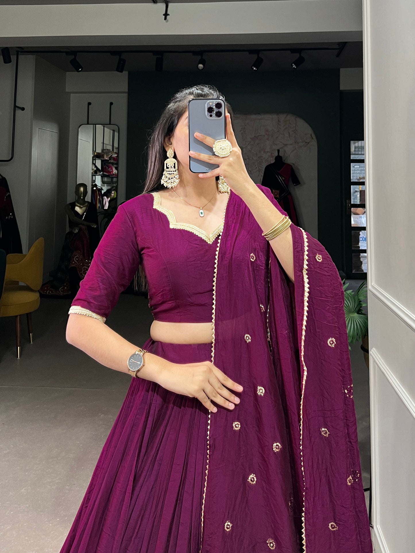 Crafted for Grace and Beauty – Pure Chanderi Plain Lehenga with Zari Work Border and Sequin Embellished Dupatta