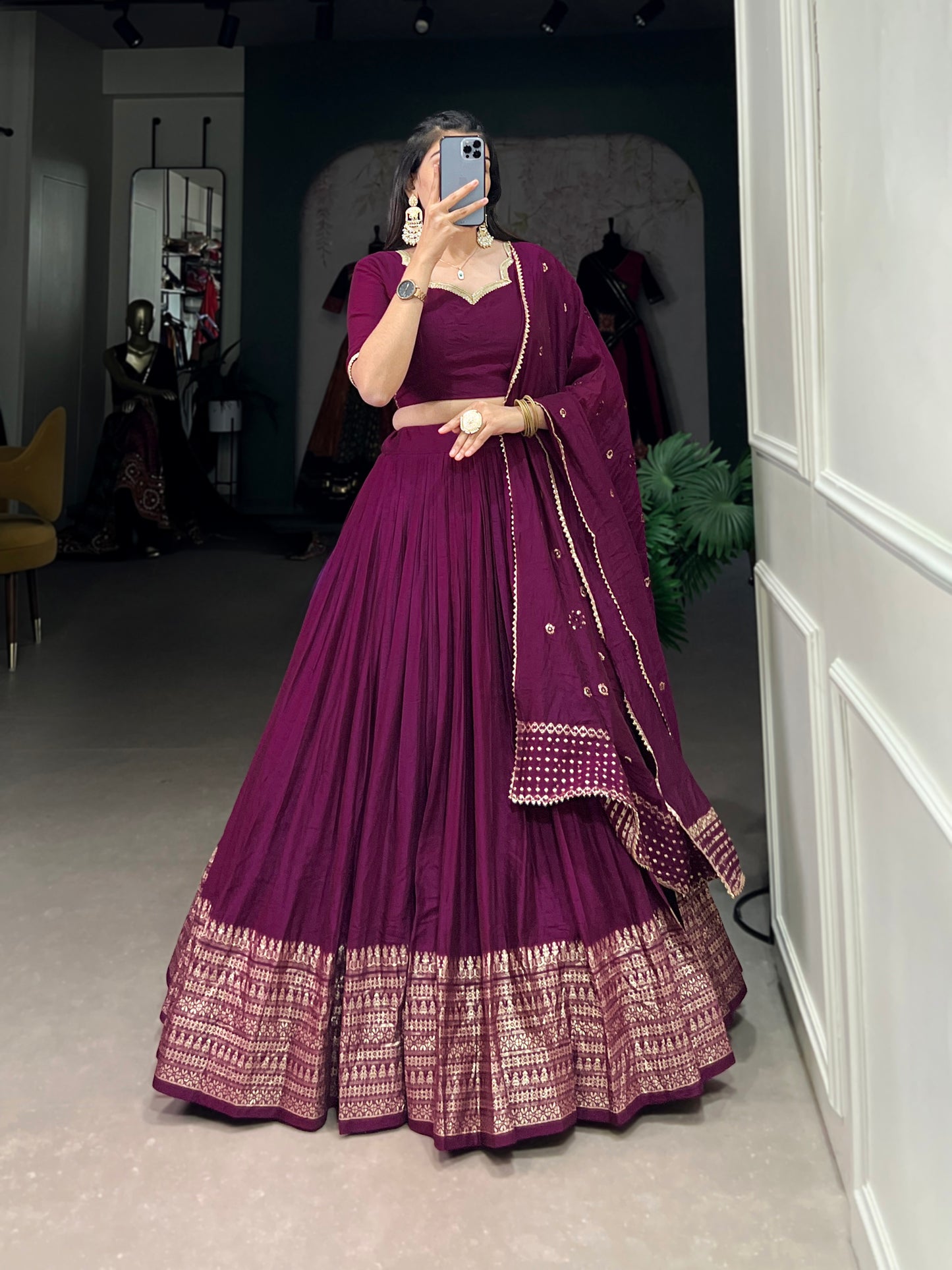 Crafted for Grace and Beauty – Pure Chanderi Plain Lehenga with Zari Work Border and Sequin Embellished Dupatta