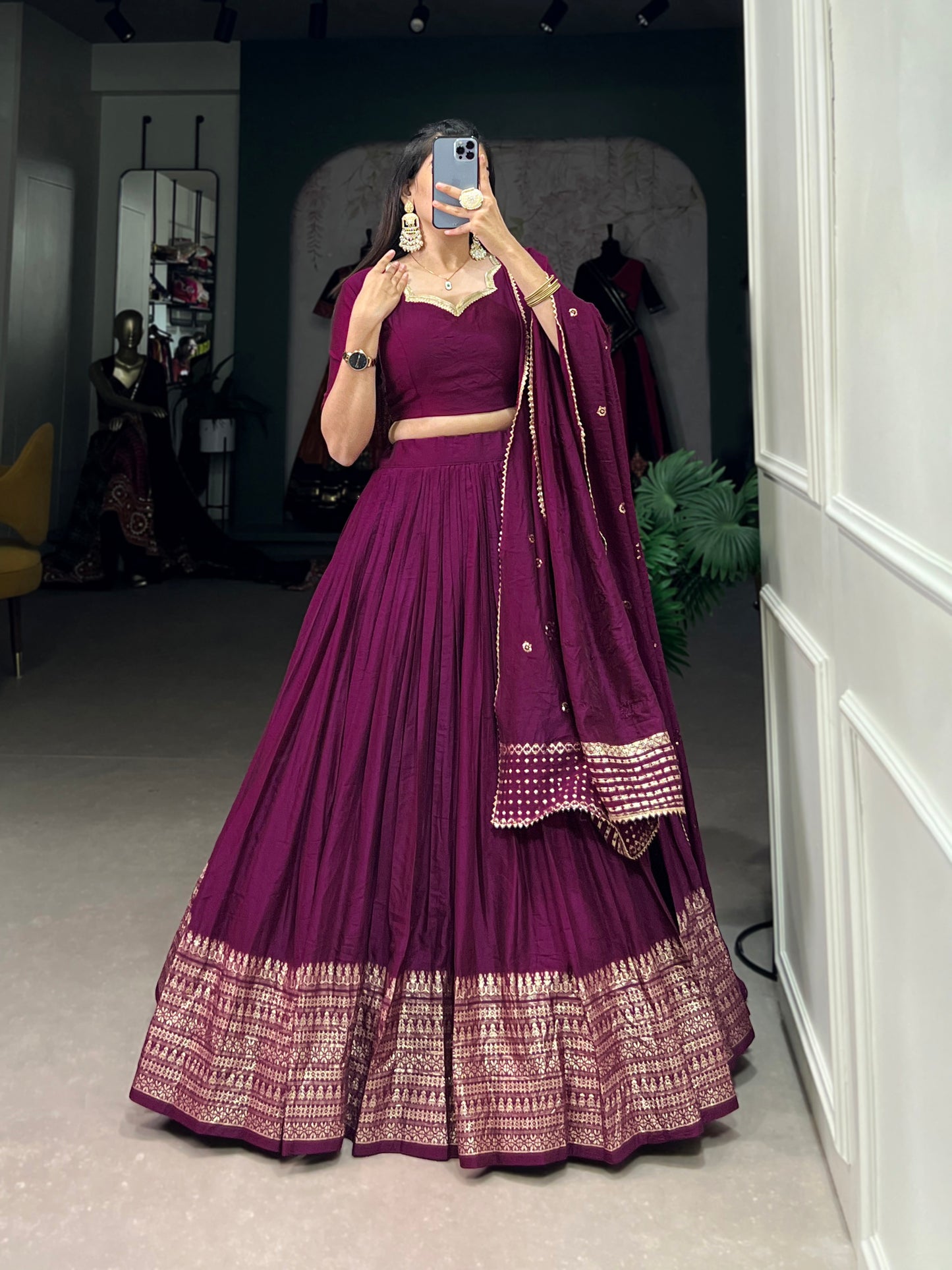 Crafted for Grace and Beauty – Pure Chanderi Plain Lehenga with Zari Work Border and Sequin Embellished Dupatta