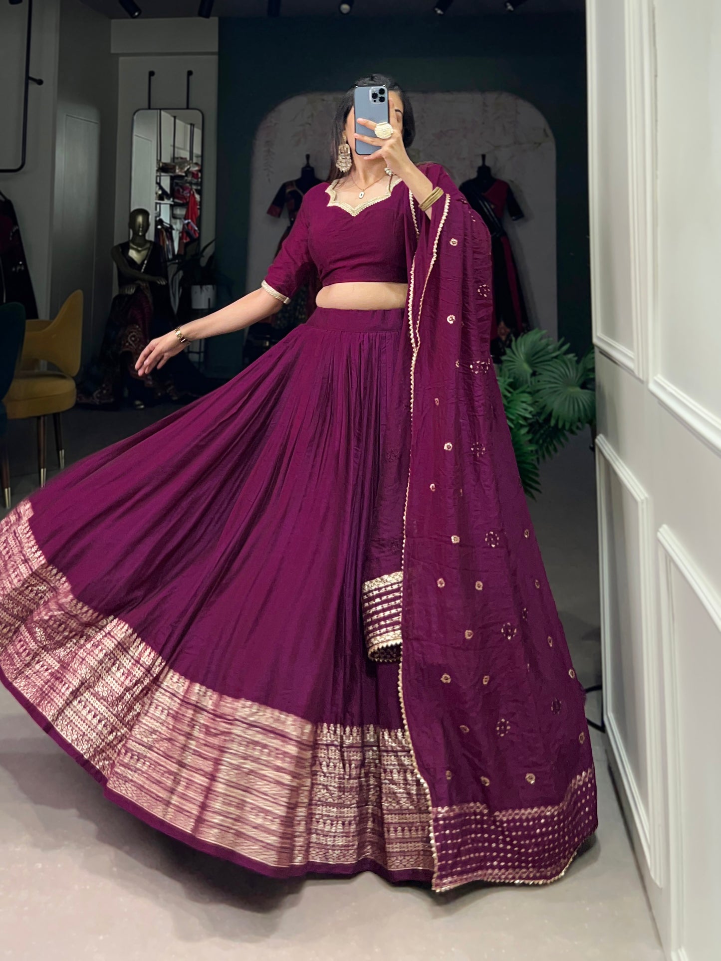 Crafted for Grace and Beauty – Pure Chanderi Plain Lehenga with Zari Work Border and Sequin Embellished Dupatta