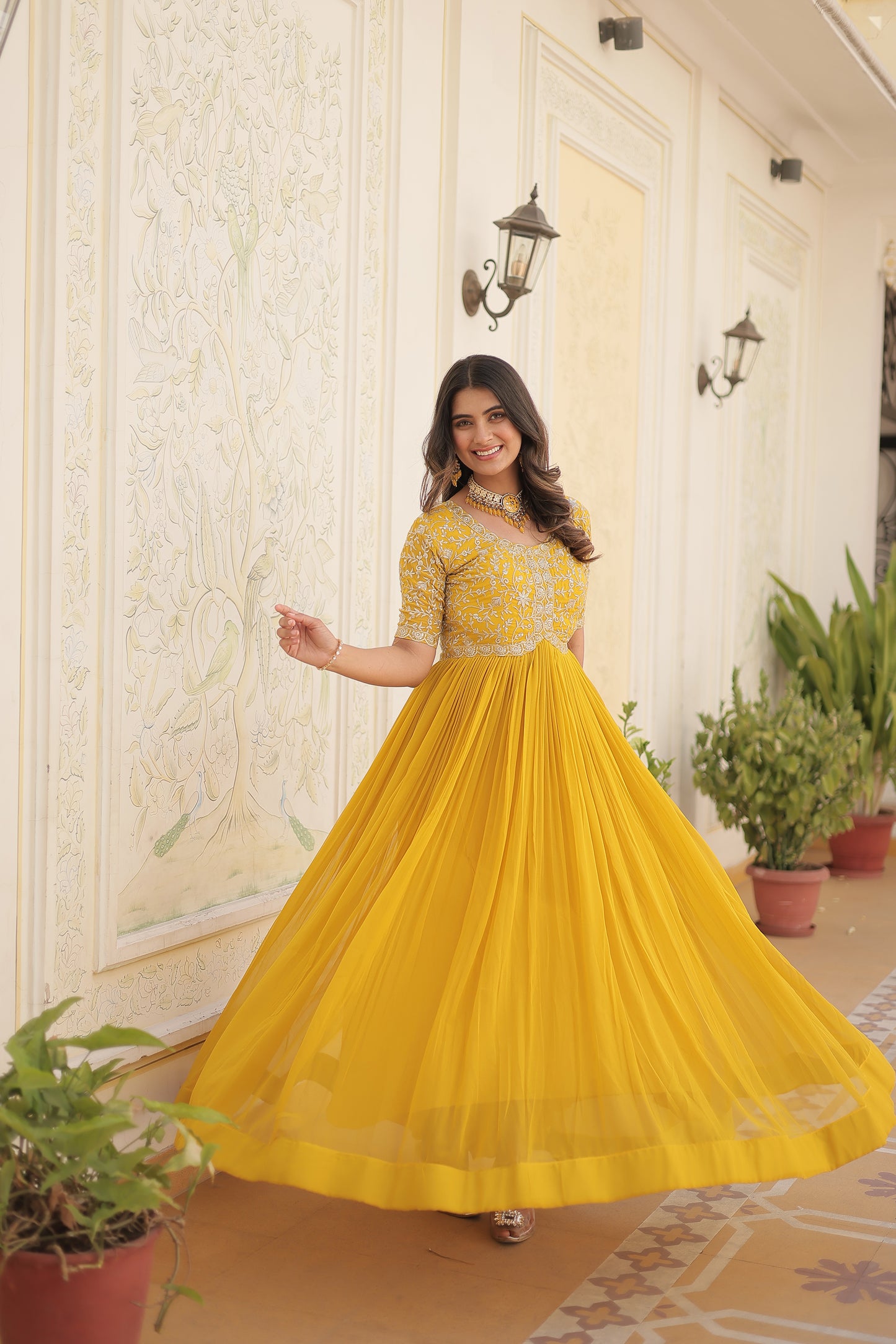 Elegant Georgette Embroidered Gown – Zari & Sequins Work