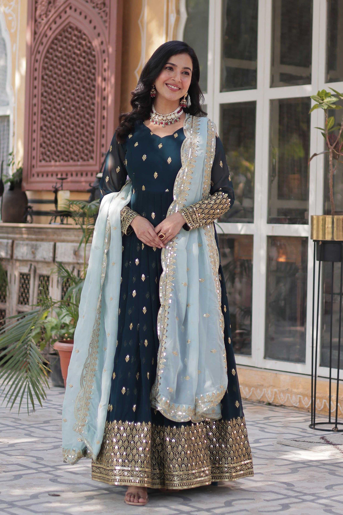 Faux Georgette Navy Blue Readymade Floor-Length Gown with Embroidered Cutwork Dupatta