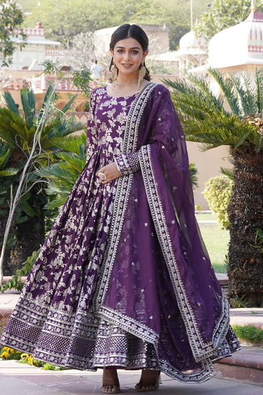 Designer Party Wear Anarkali Gown – Viscose Jacquard with Sequins Embroidery & Russian Silk Dupatta